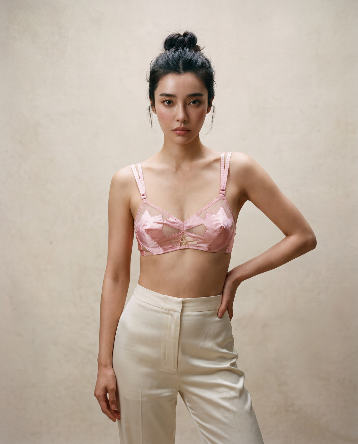 Vintage Blush Satin & Mesh Underwire Bra with Sheer Paneling