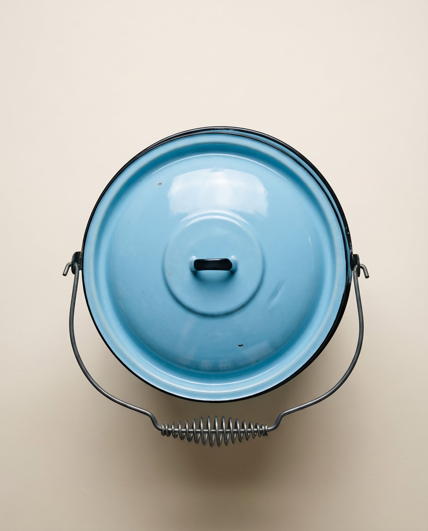 Vintage Light Blue Enamelware Lidded Pot with Bail Handle