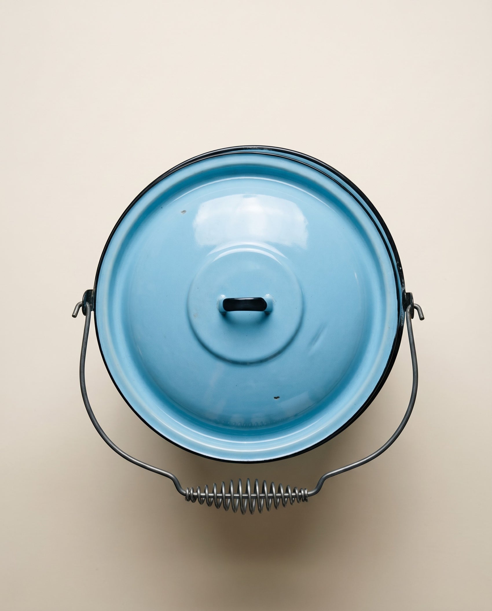 Vintage Light Blue Enamelware Lidded Pot with Bail Handle