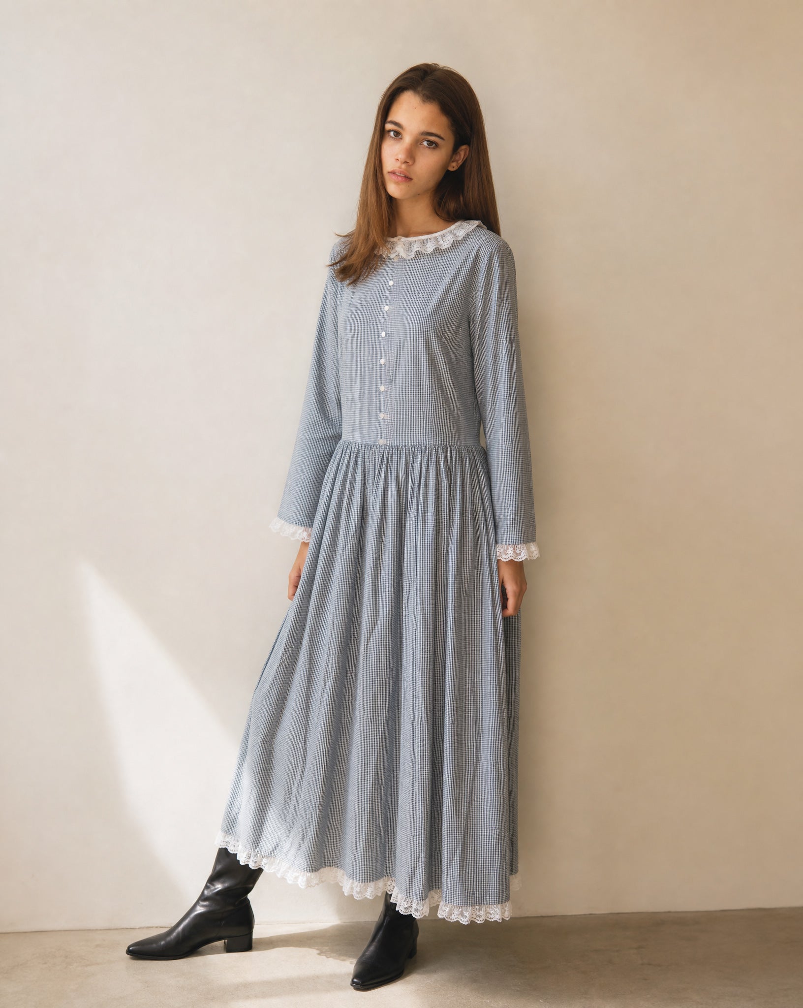 Vintage Blue Gingham Lace Trim Maxi Dress | Size L–XL