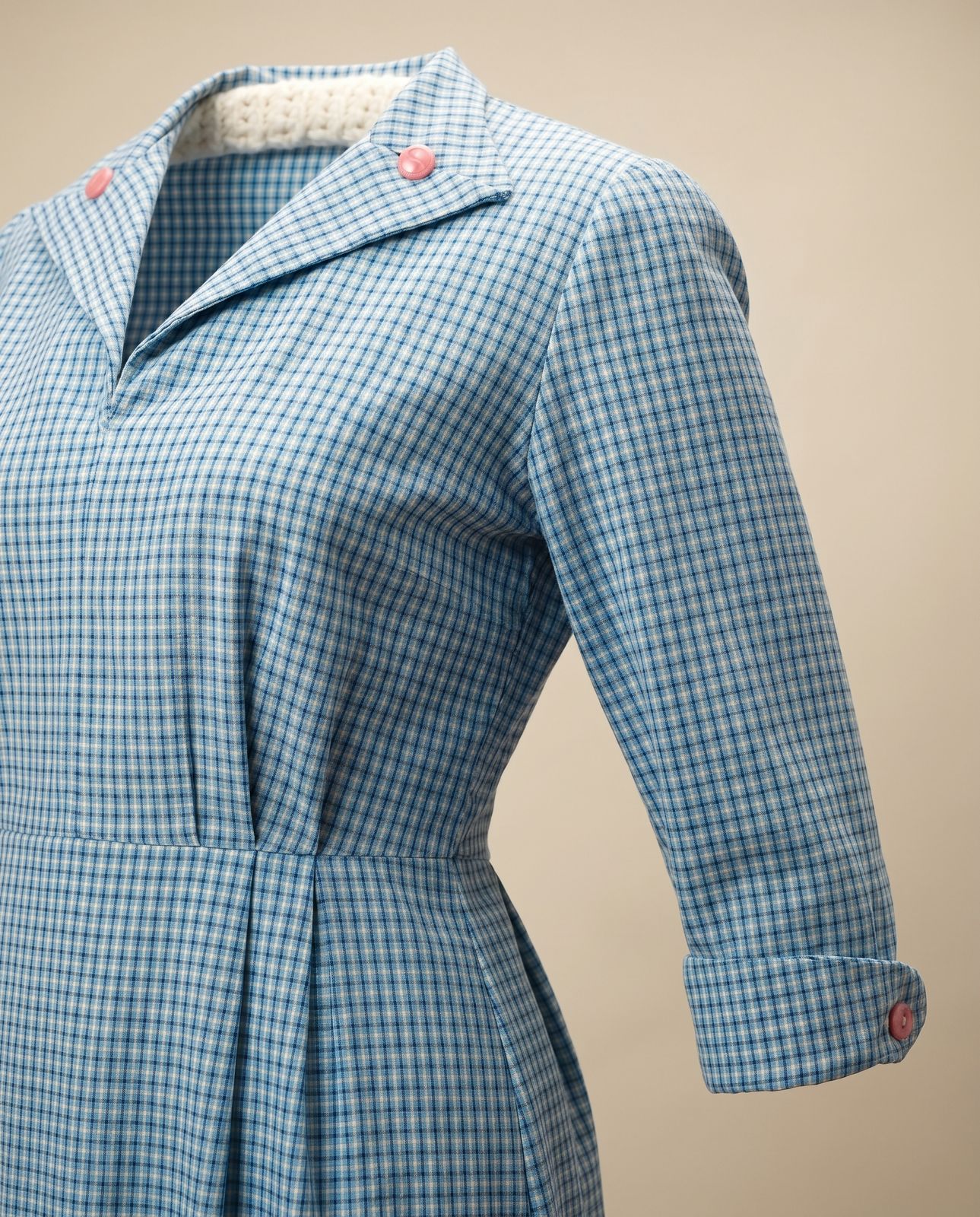 Vintage Blue Gingham Shirt Dress with Pink Button Details - M