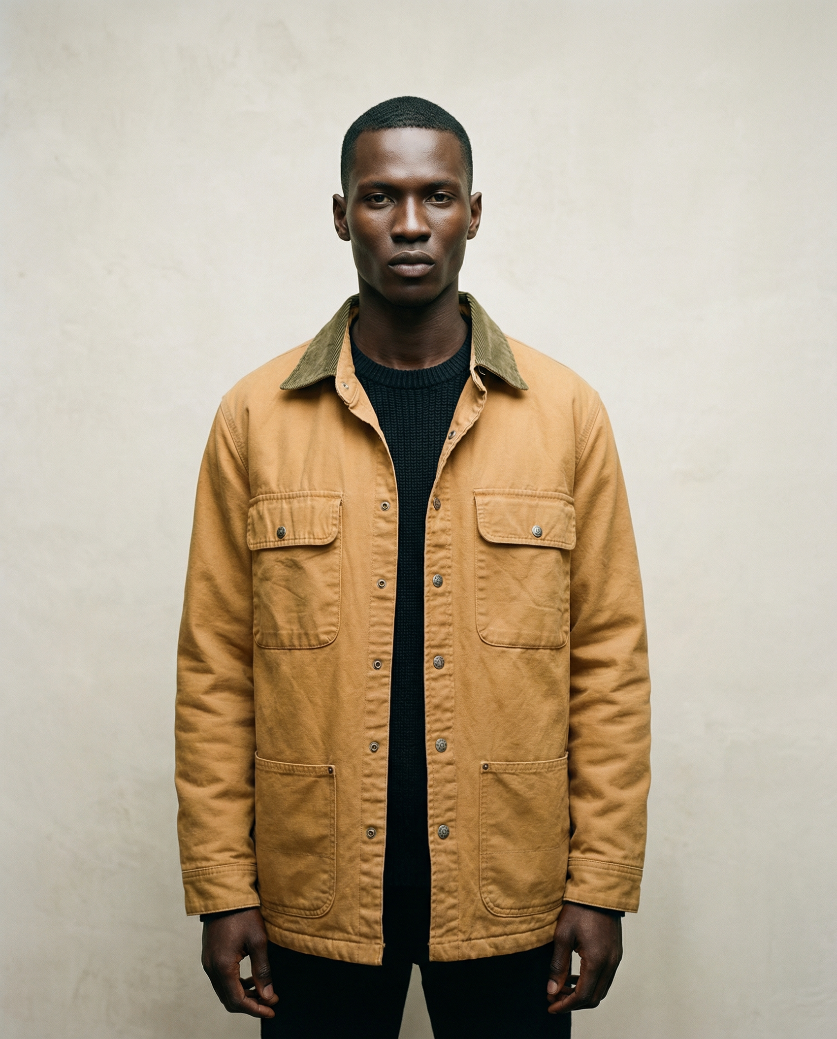 Vintage L.L. Bean Chamois Shirt – Made in USA – Tan with Forest Green Corduroy Collar