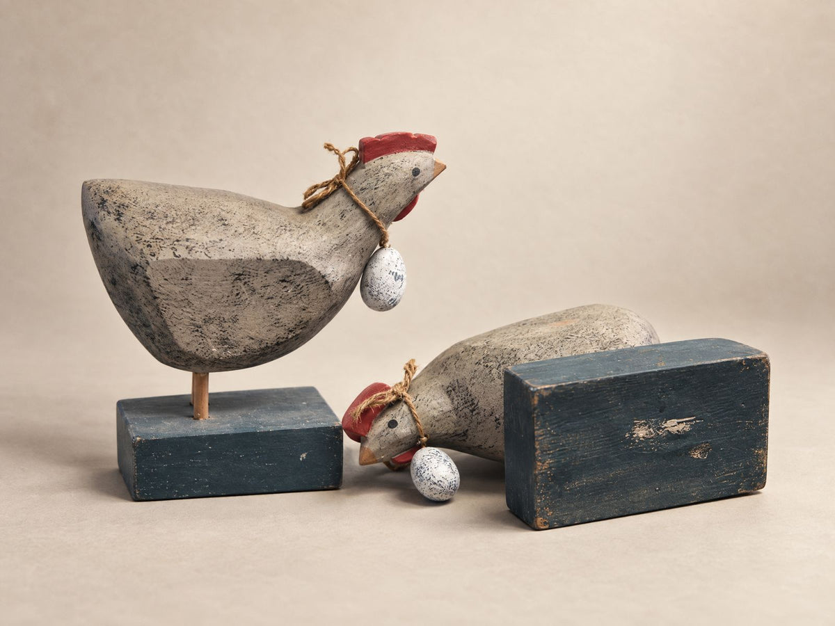 Pair of Rustic Wooden Hen Figures with Hanging Eggs