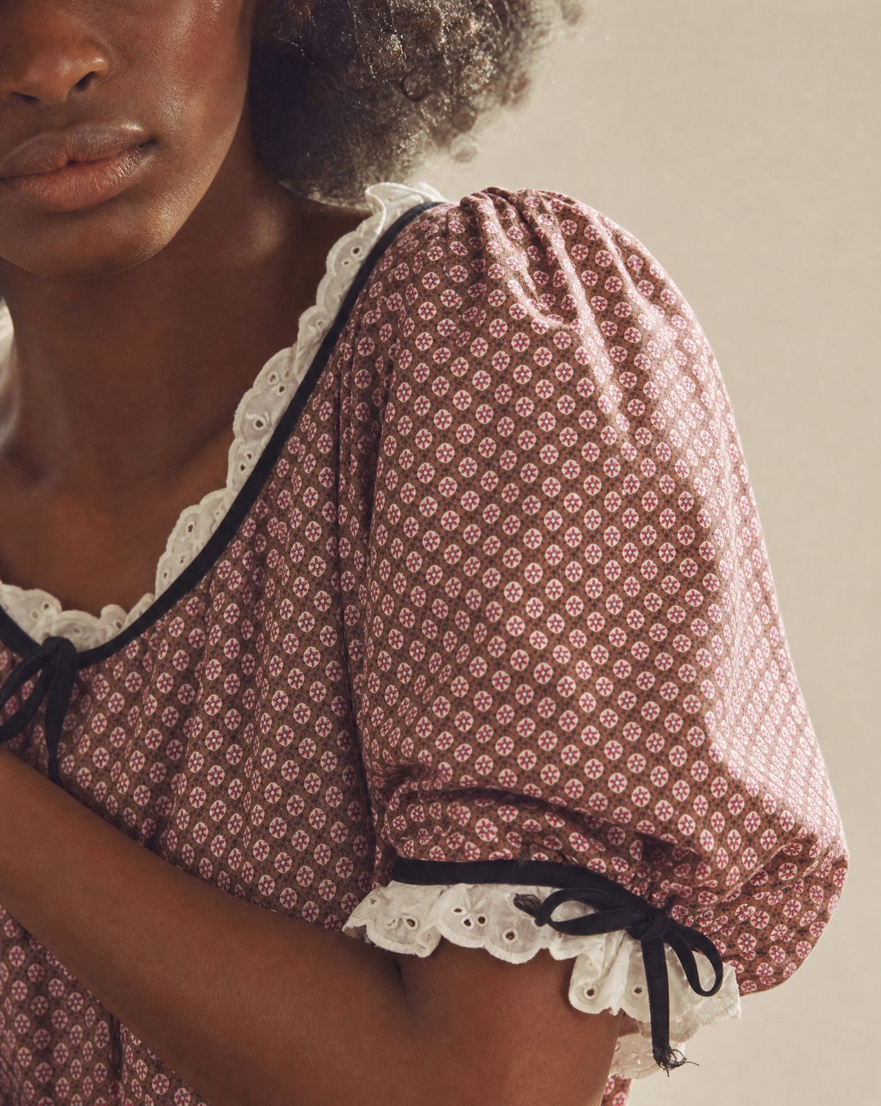 Vintage Prairie Calico Midi Dress with Eyelet Trim