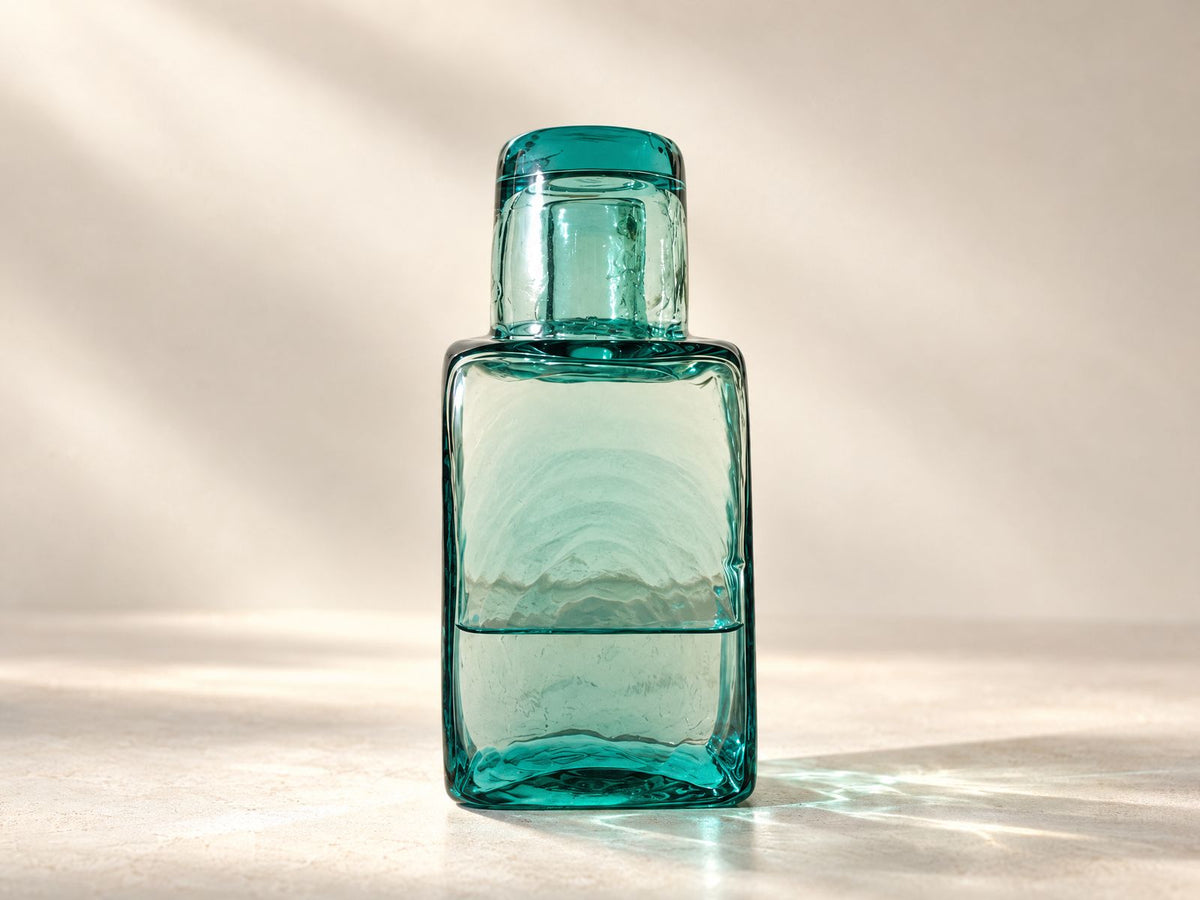 Hand-Blown Green Glass Bedside Carafe & Drinking Glass