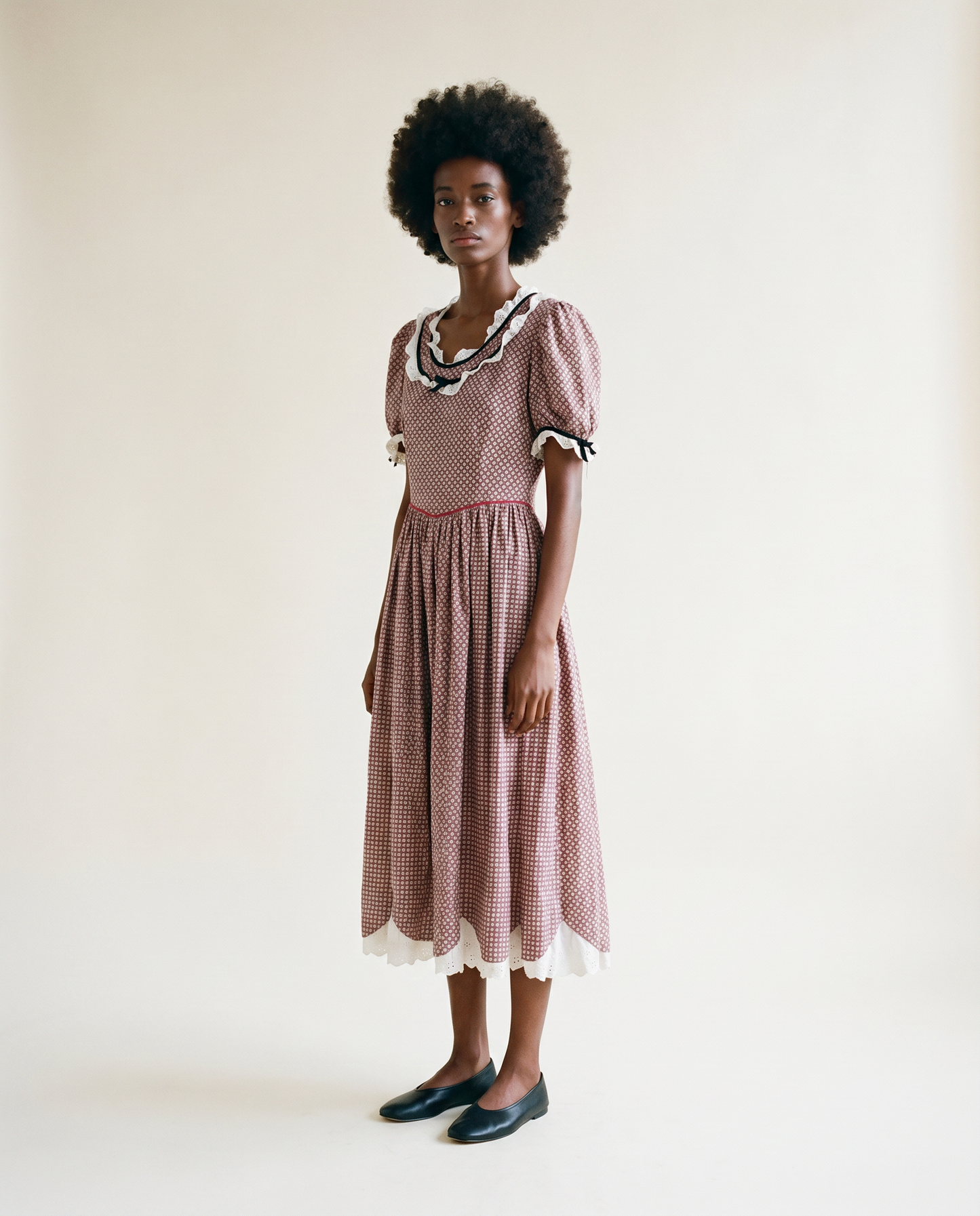 Vintage Prairie Calico Midi Dress with Eyelet Trim