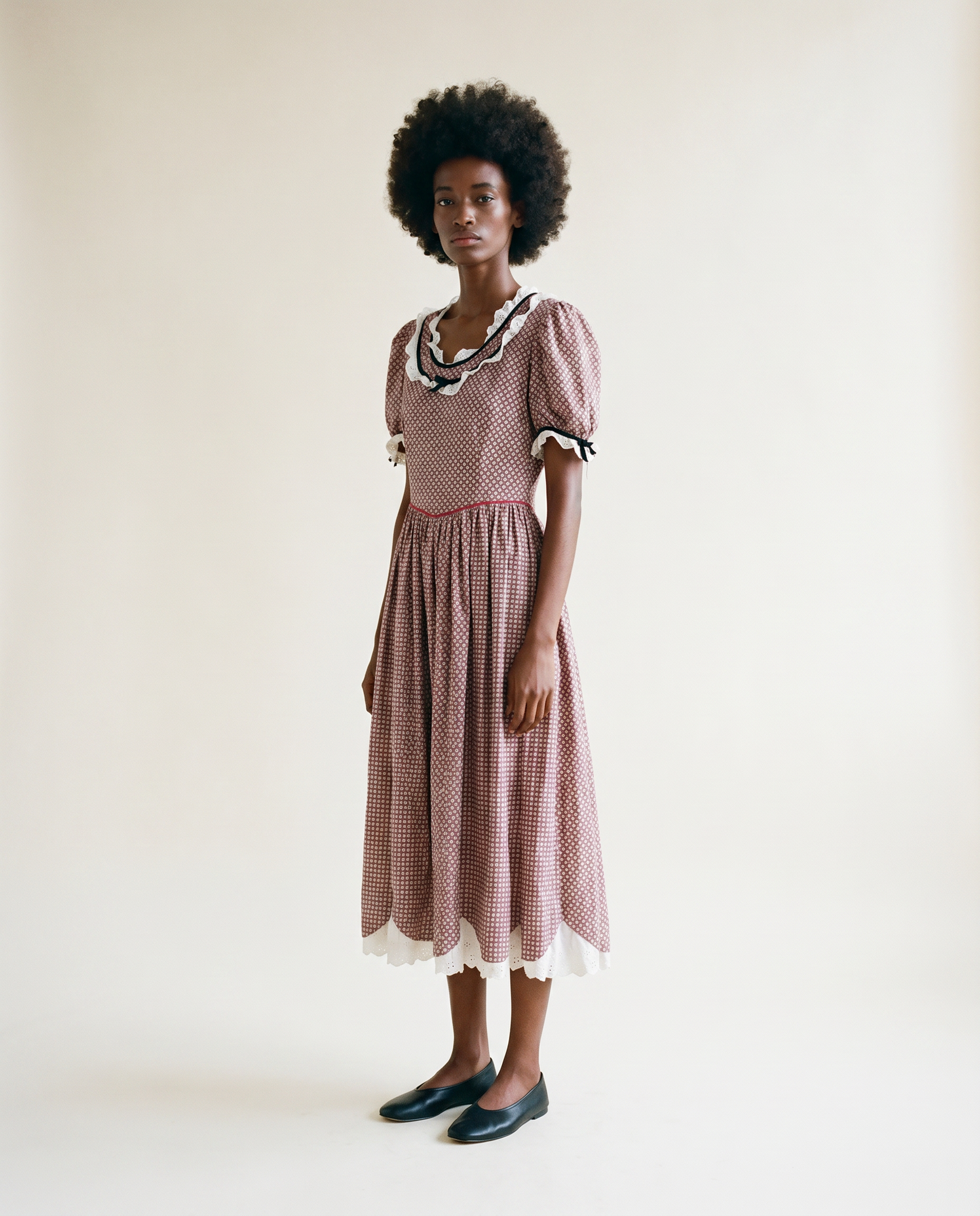 Vintage Prairie Calico Midi Dress with Eyelet Trim