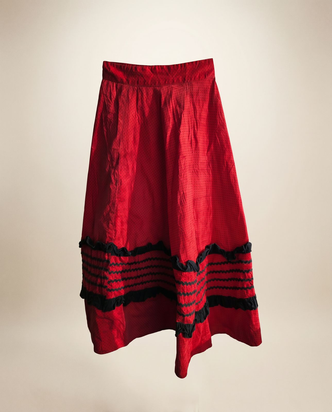 Vintage Red Polka Dot Prairie Skirt w/ Black Ruffle Trim