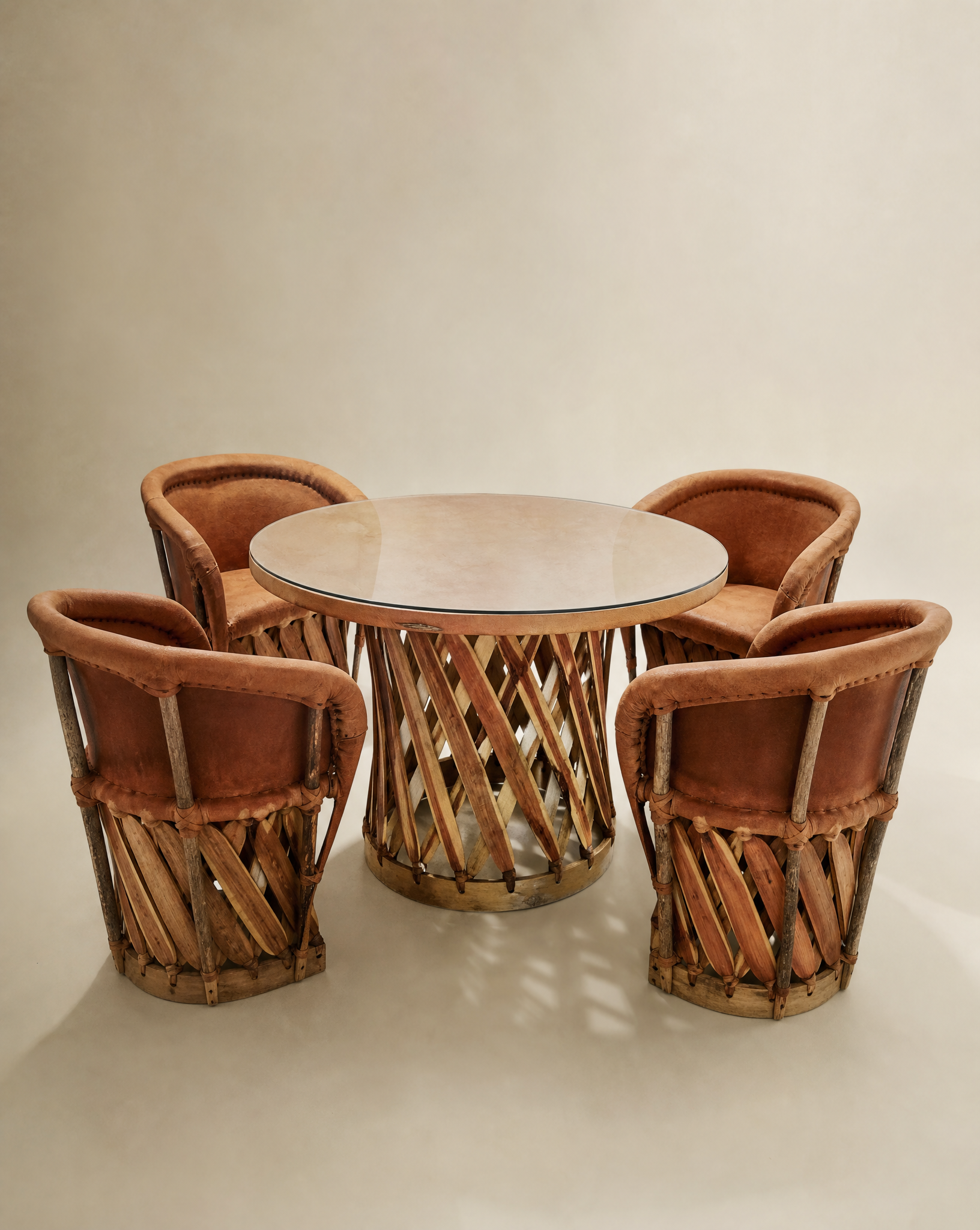 Vintage Genuine Leather Equipale 5-Piece Round Glass Dining Set with 4 Chairs