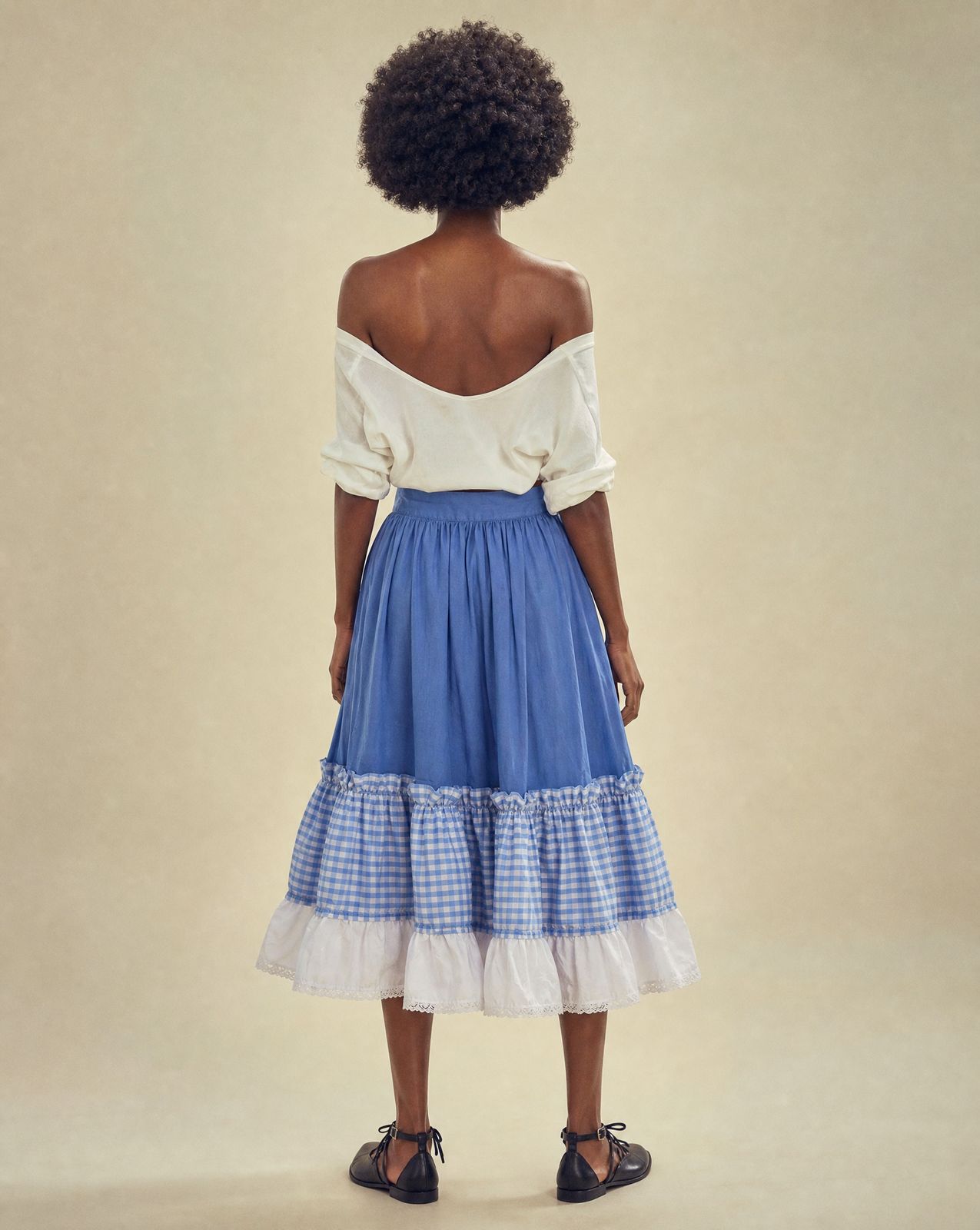 Vintage Blue Gingham Ruffle Prairie Skirt – Size XS