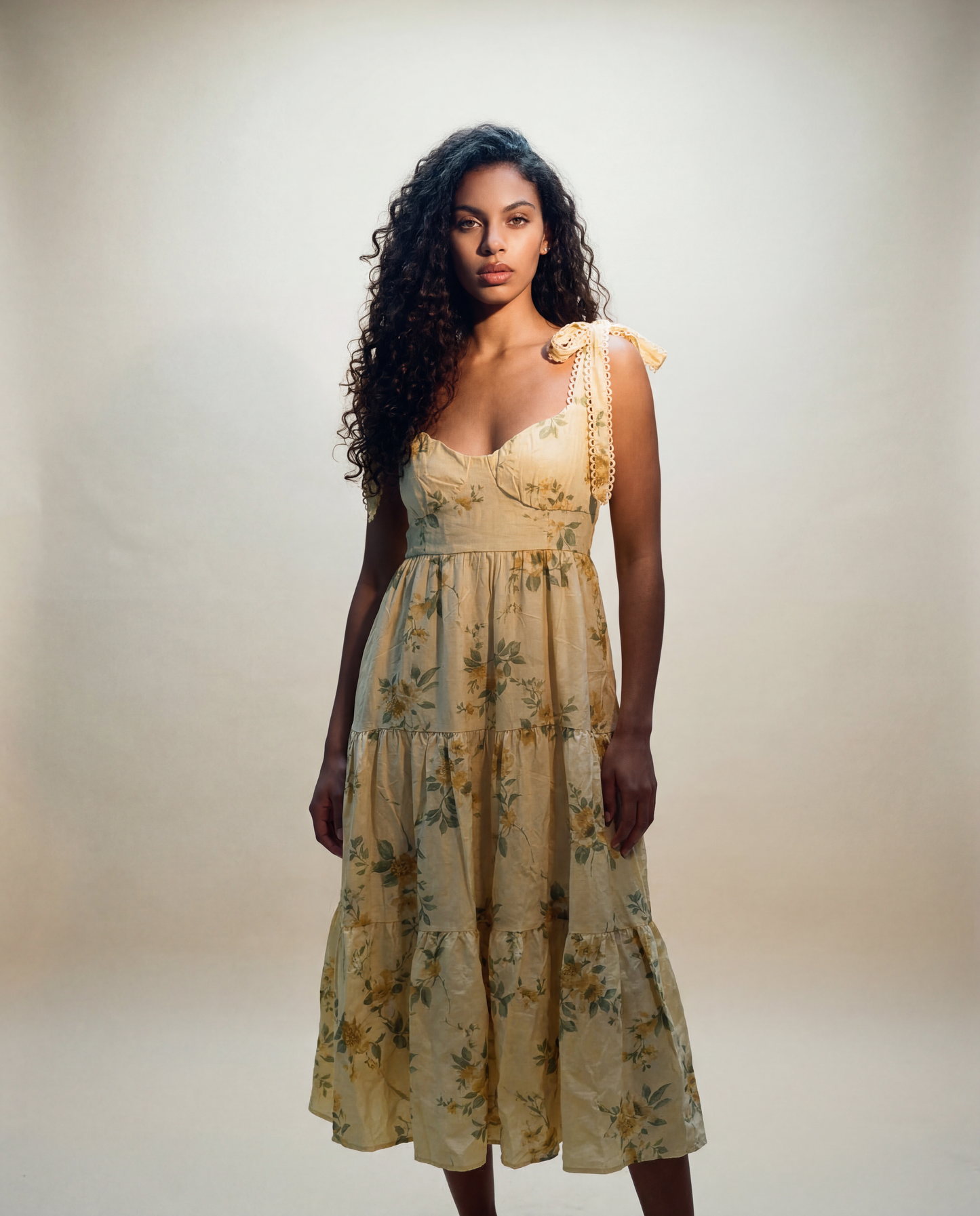 Yellow Floral Tiered Maxi Dress - L