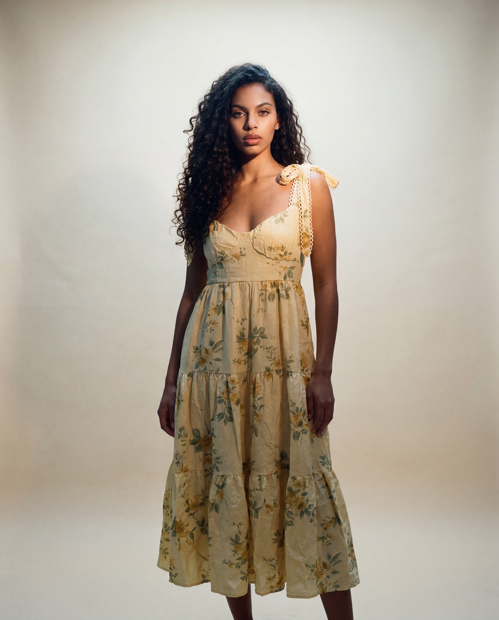 Yellow Floral Tiered Maxi Dress - L