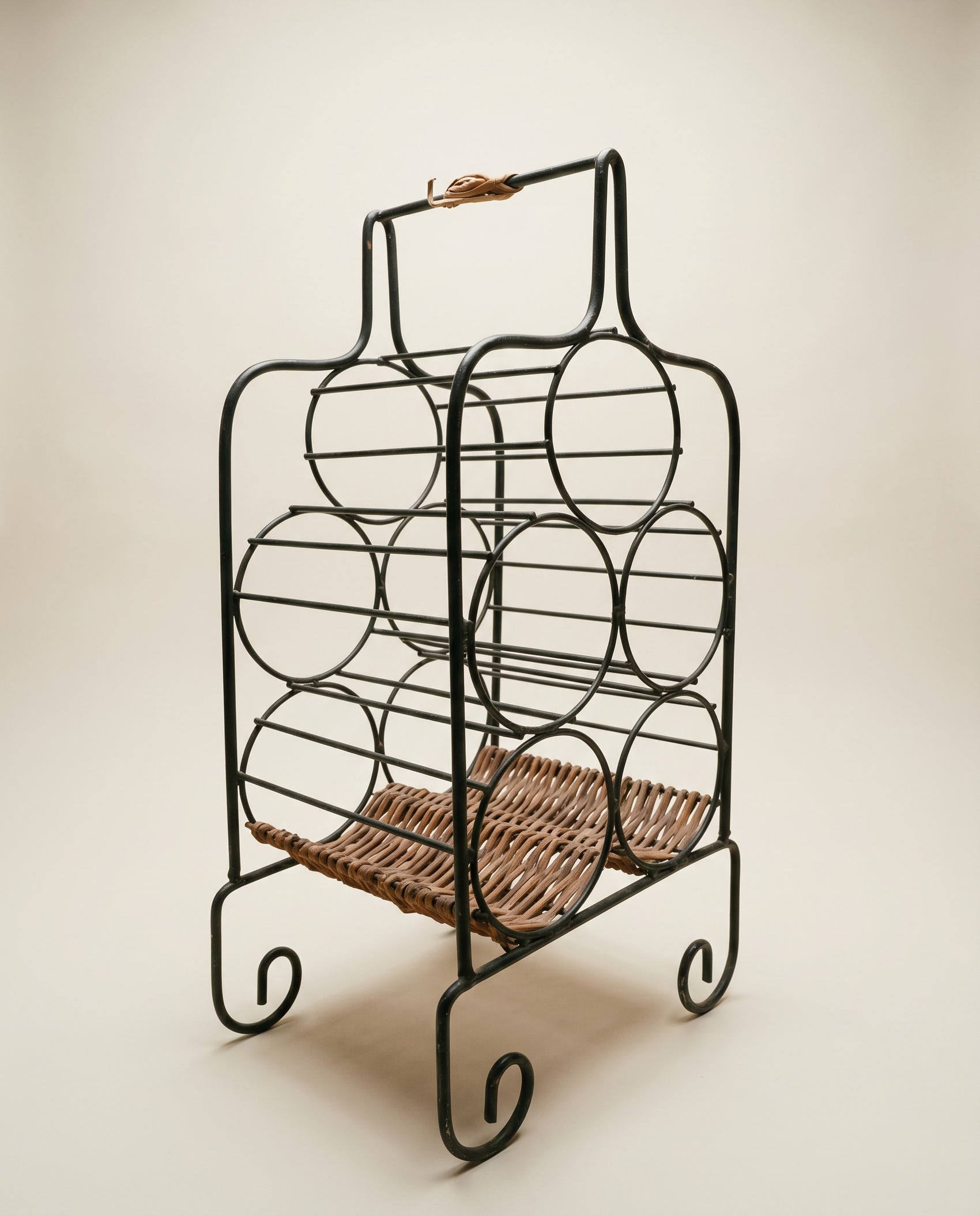 Vintage Wrought Iron Wine Rack with Wicker Base – 5 Bottle Holder