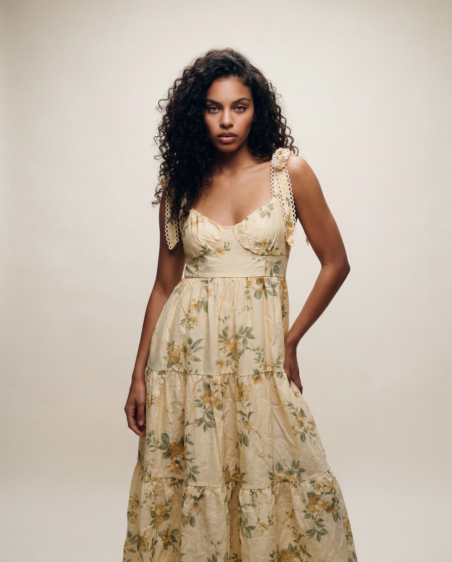 Yellow Floral Tiered Maxi Dress - L