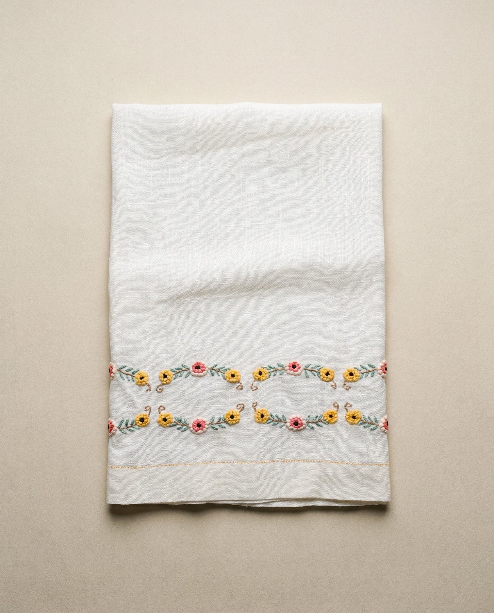 Vintage Linen Towel with Hand-Embroidered Floral Garland