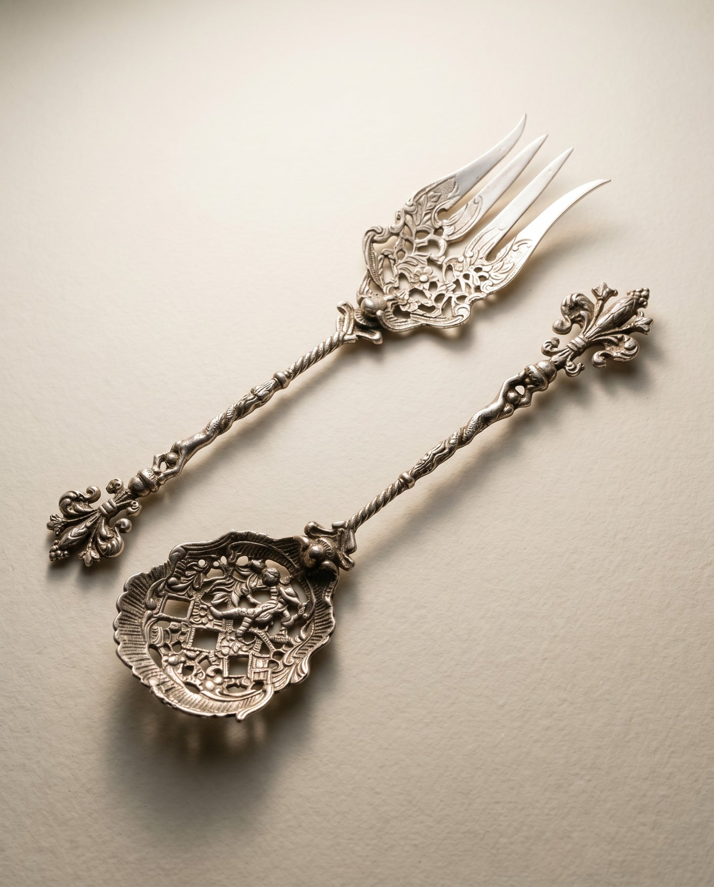 Vintage Ornate Pierced Serving Spoon & Fork Set – Cherub Handle – Baroque Style