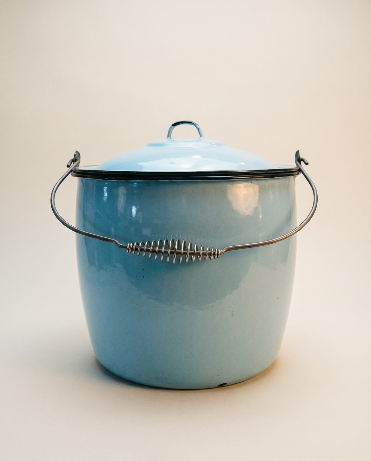 Vintage Light Blue Enamelware Lidded Pot with Bail Handle