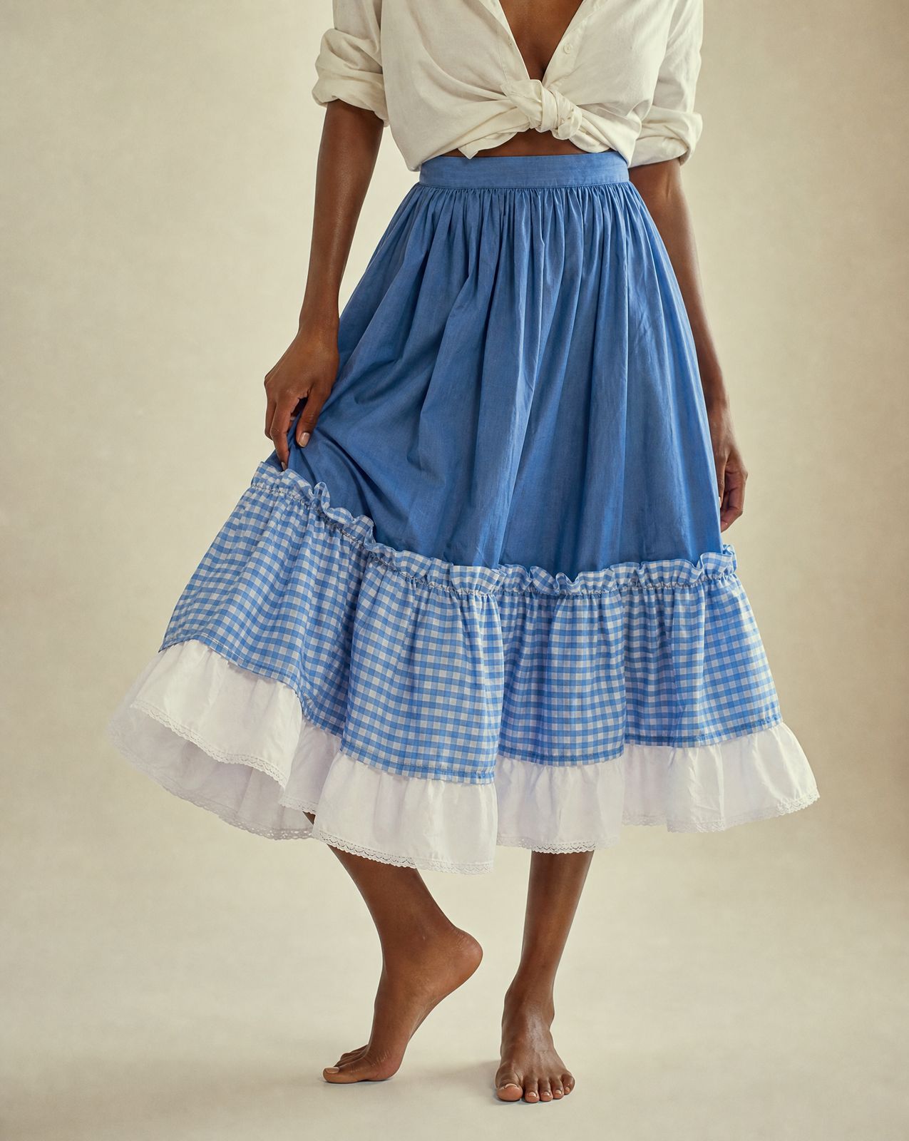 Vintage Blue Gingham Ruffle Prairie Skirt – Size XS