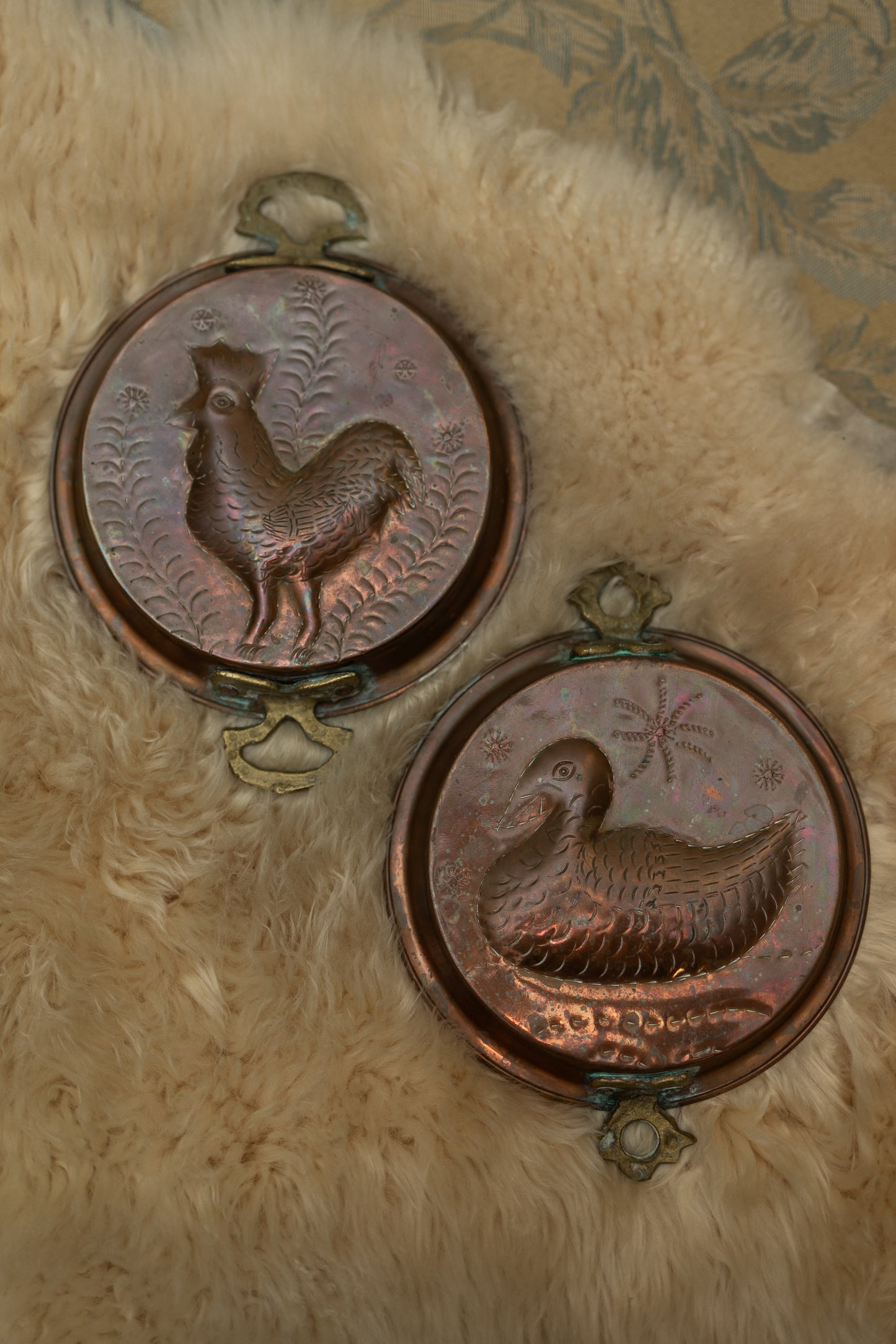 Set of Embossed Copper Wall Plaques — Rooster & Duck