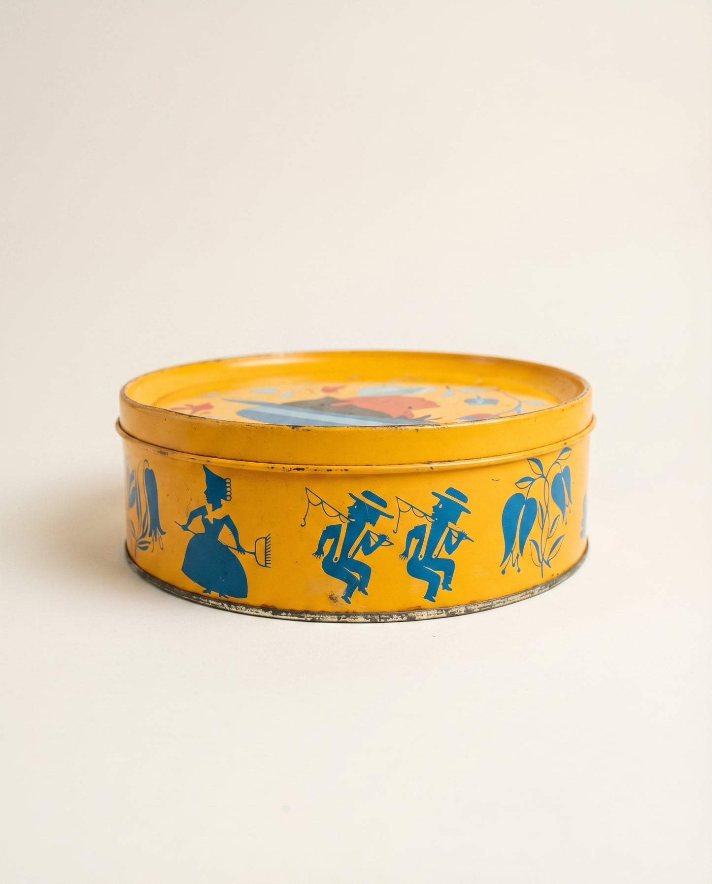 Vintage Folk Art Yellow Tin Container with Lid