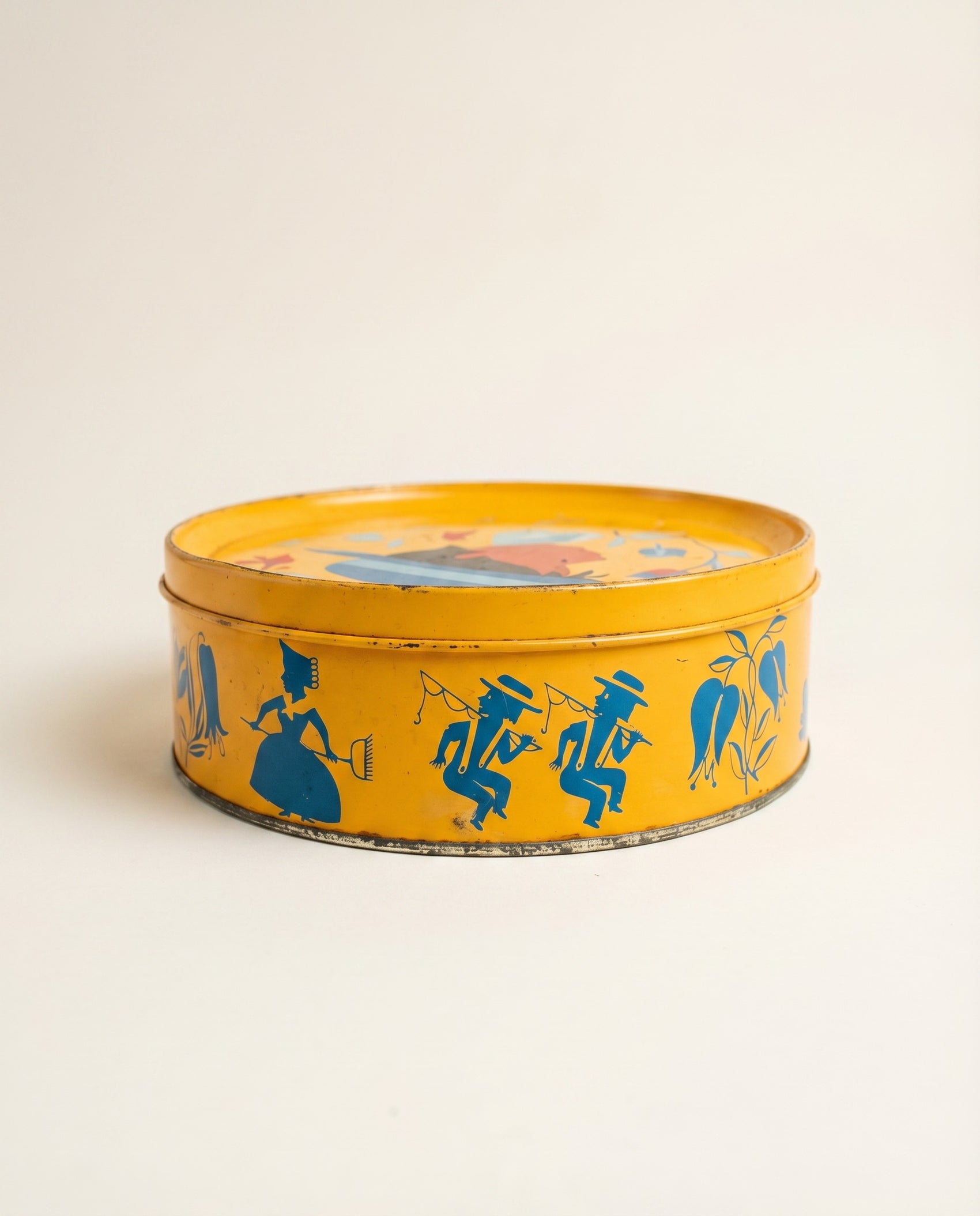 Vintage Folk Art Yellow Tin Container with Lid