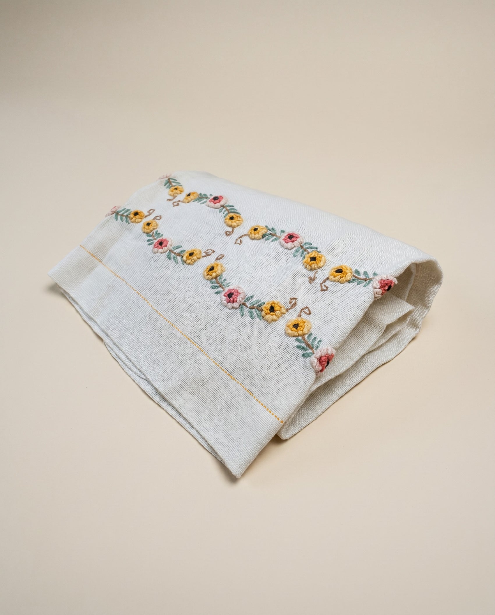 Vintage Linen Towel with Hand-Embroidered Floral Garland