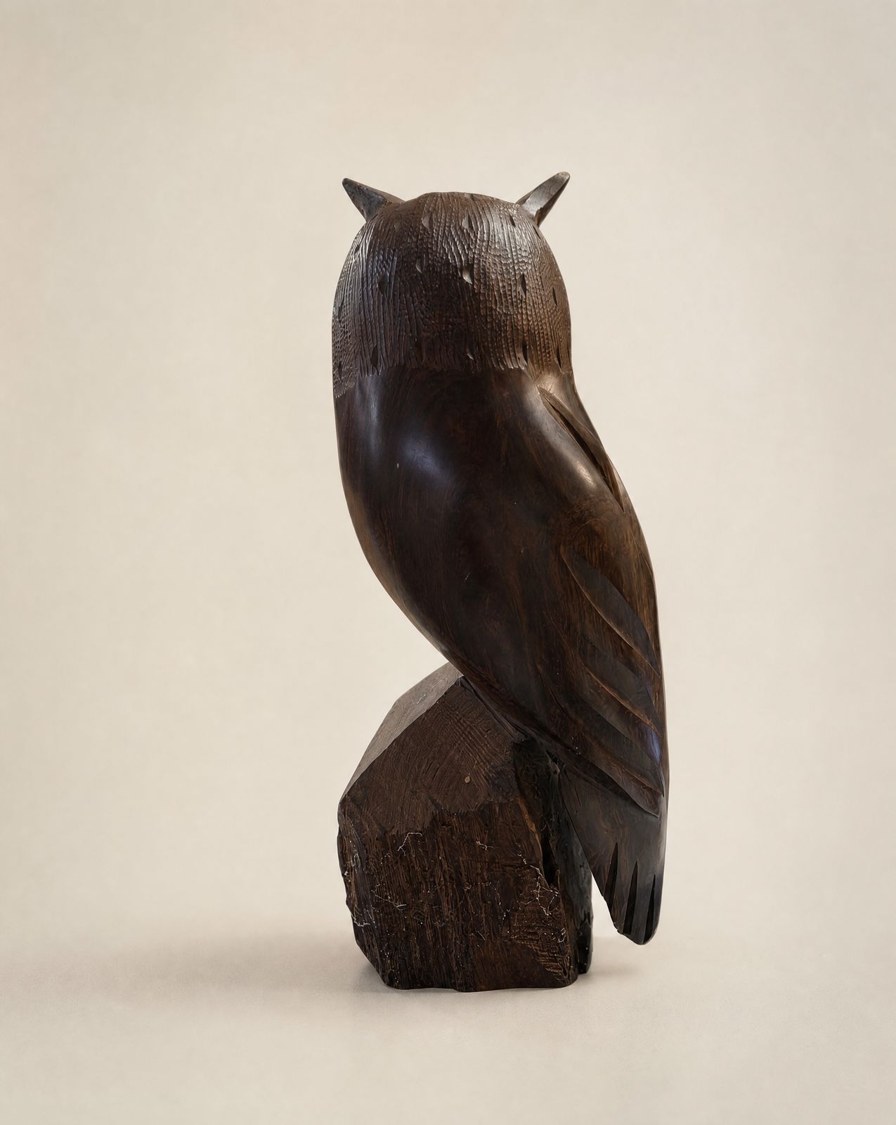 Hand-Carved Wooden Owl Sculpture on Natural Wood Base