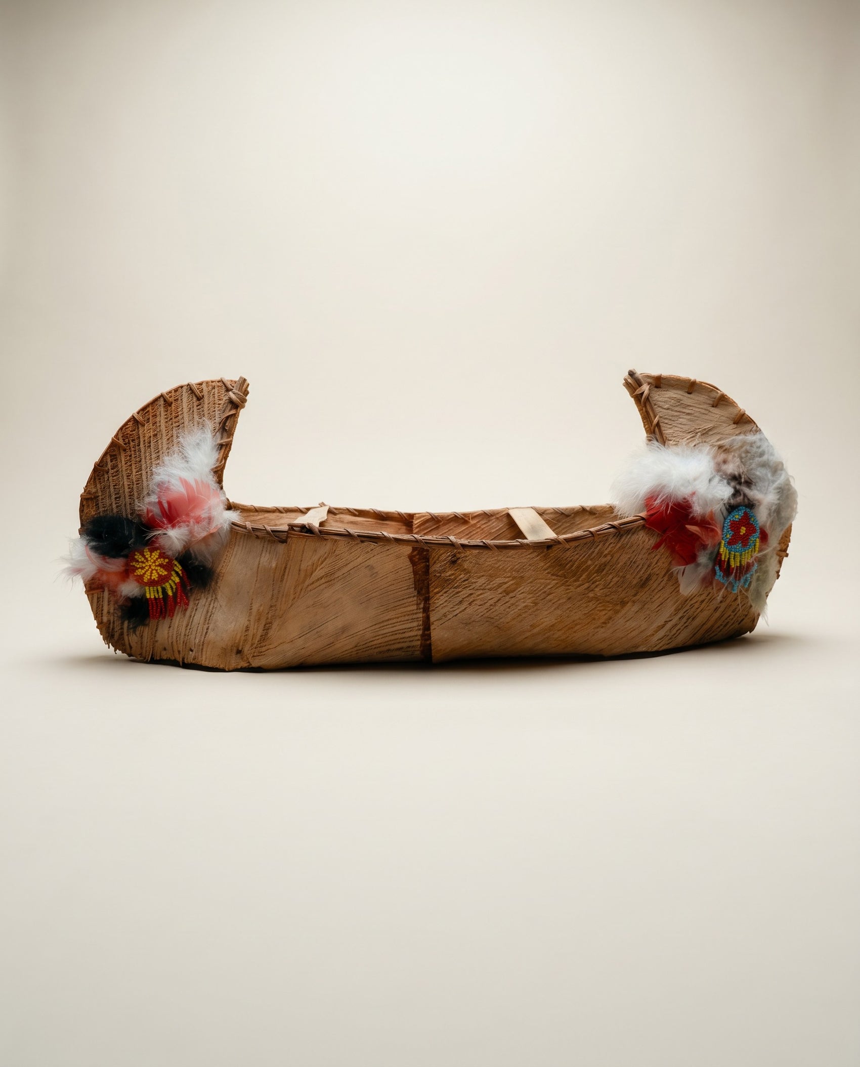 Vintage Handcrafted Birch Bark Canoe with Paddle & Fisherman Figure