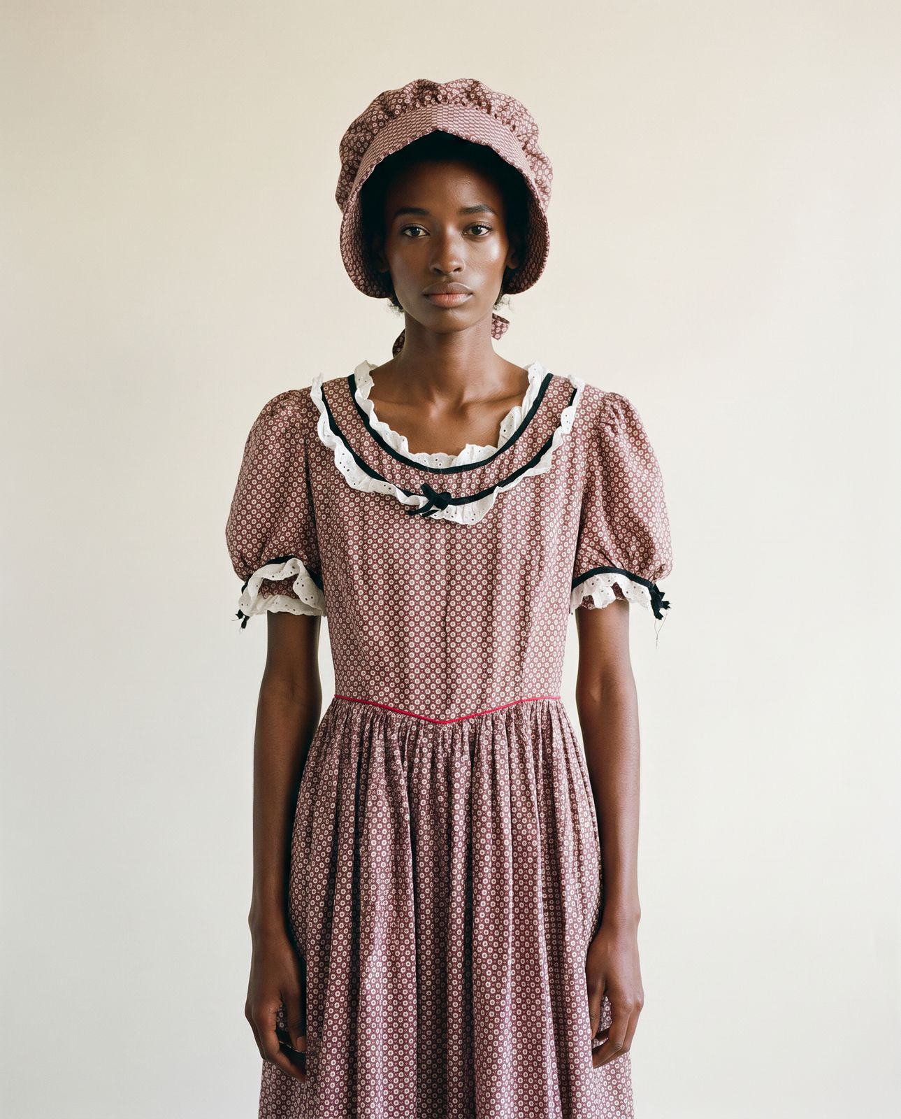 Vintage Prairie Calico Midi Dress with Eyelet Trim