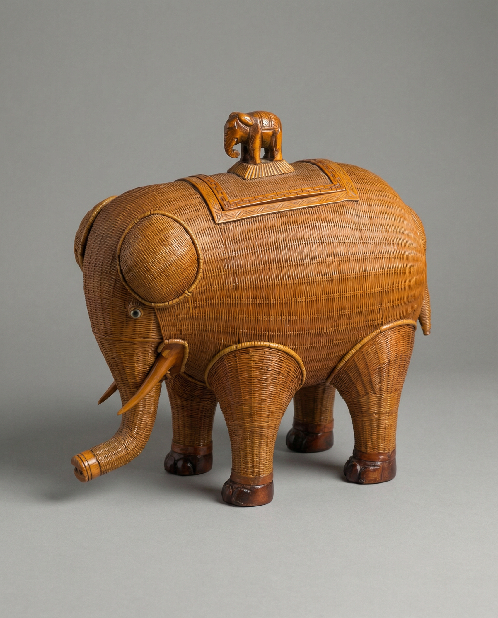 Vintage Woven Rattan Elephant Storage Box
