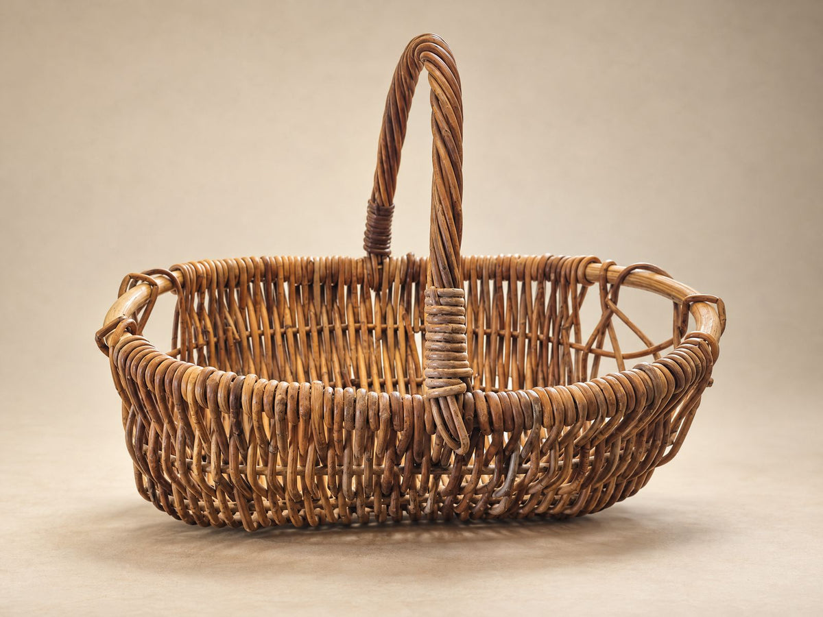 Large Vintage Willow Gathering Basket with Arched Handle