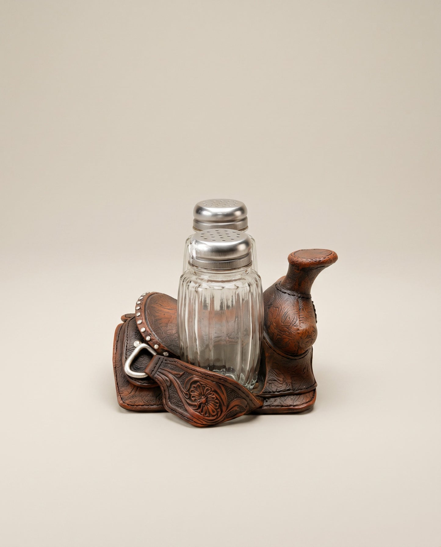 Vintage Western Saddle Salt & Pepper Shaker Set w/ Holder