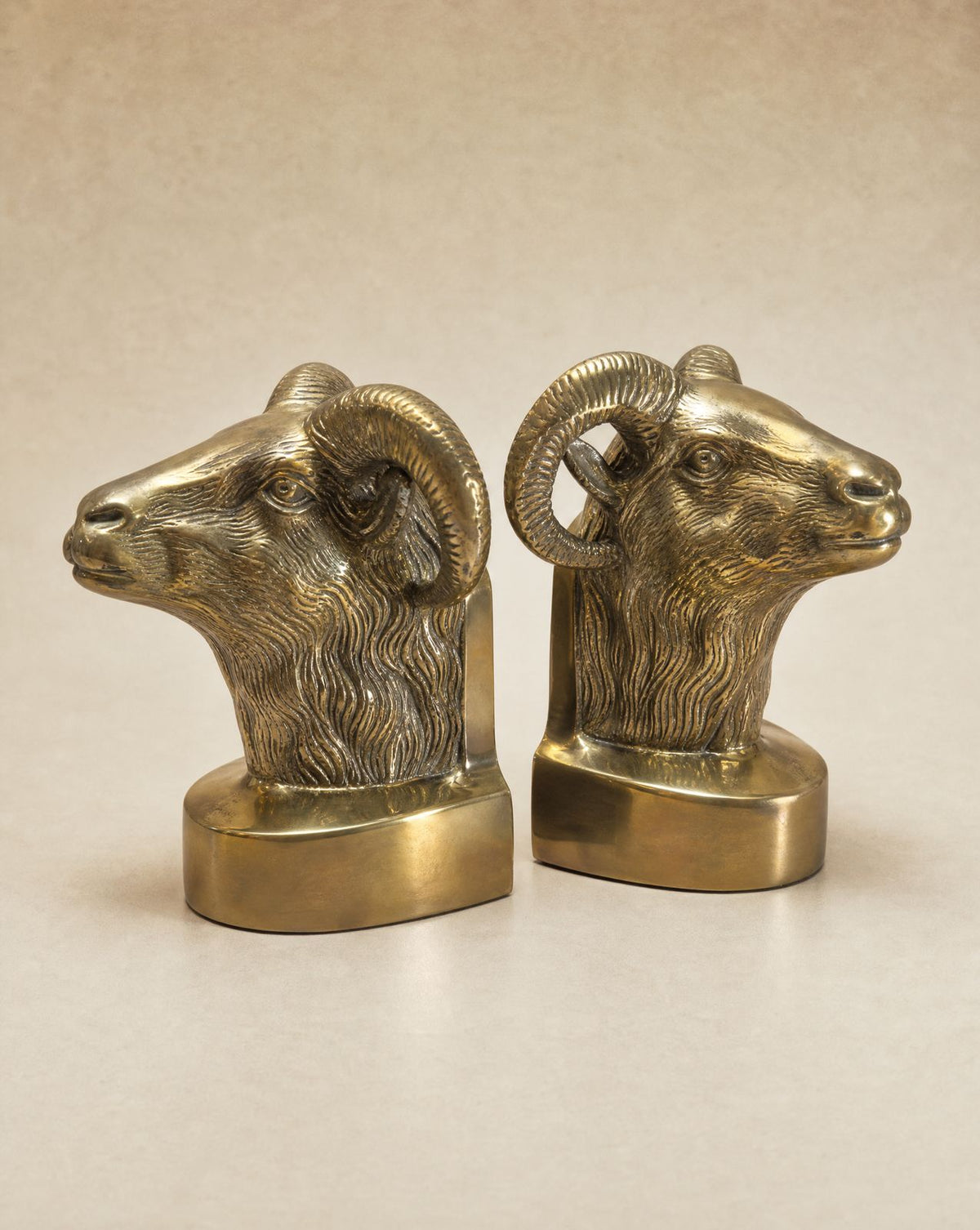 Pair of Vintage Solid Brass Ram Head Bookends