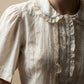 Vintage Cream Cotton Blouse with Ruffle Collar & Blue Trim