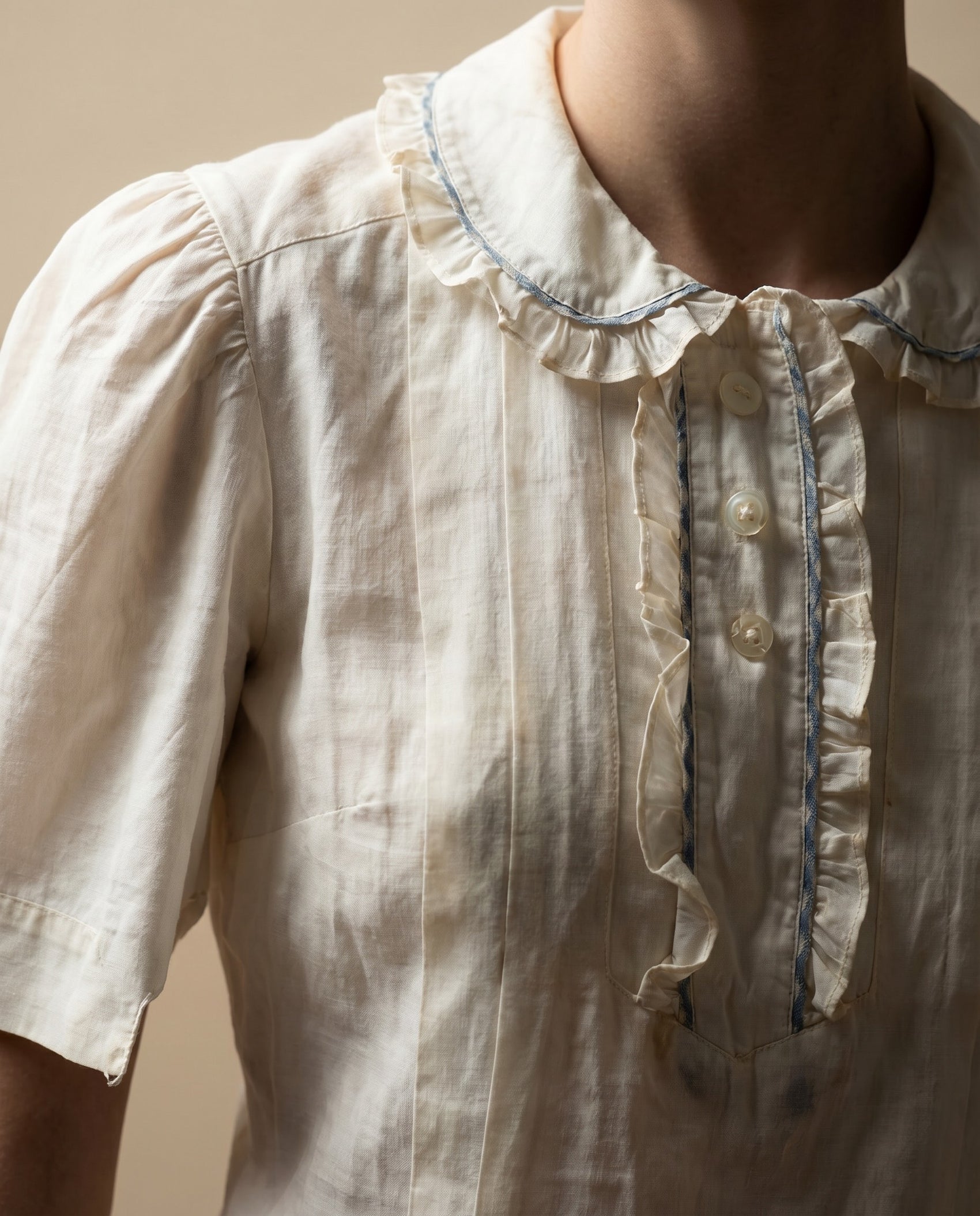 Vintage Cream Cotton Blouse with Ruffle Collar & Blue Trim