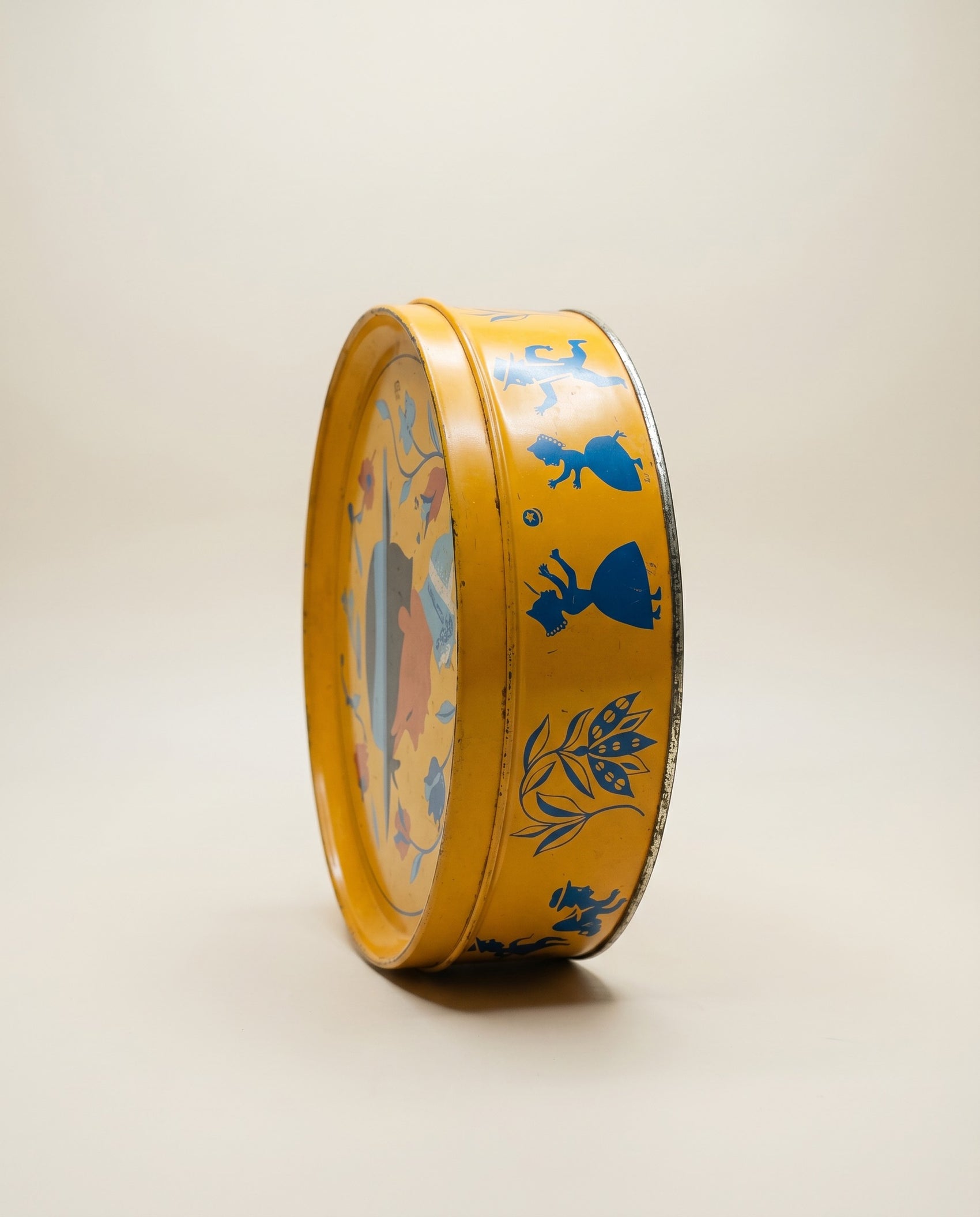 Vintage Folk Art Yellow Tin Container with Lid