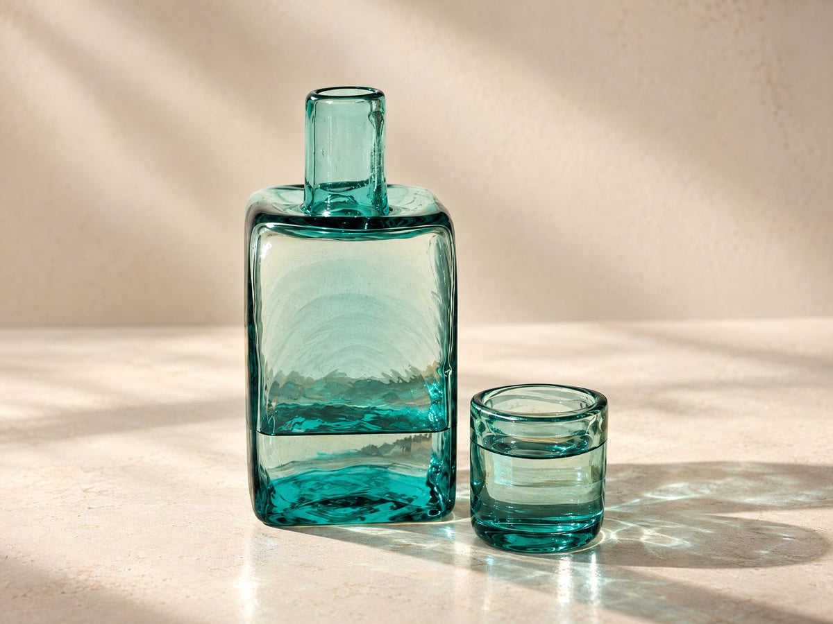 Hand-Blown Green Glass Bedside Carafe & Drinking Glass