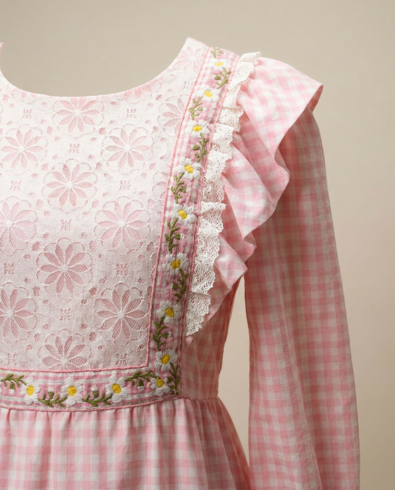 Vintage Pink Gingham Lace Trim Prairie Maxi Dress