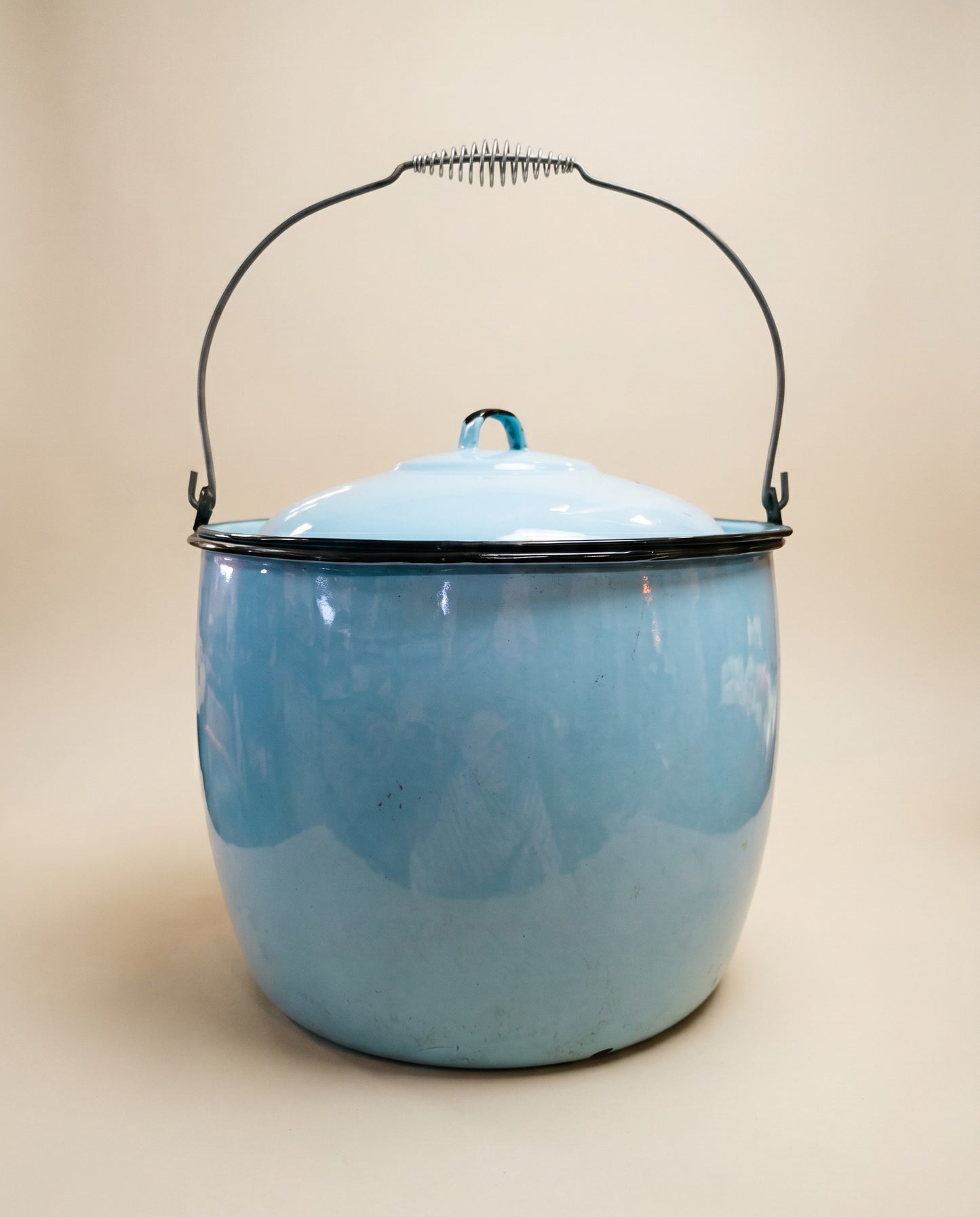 Vintage Light Blue Enamelware Lidded Pot with Bail Handle