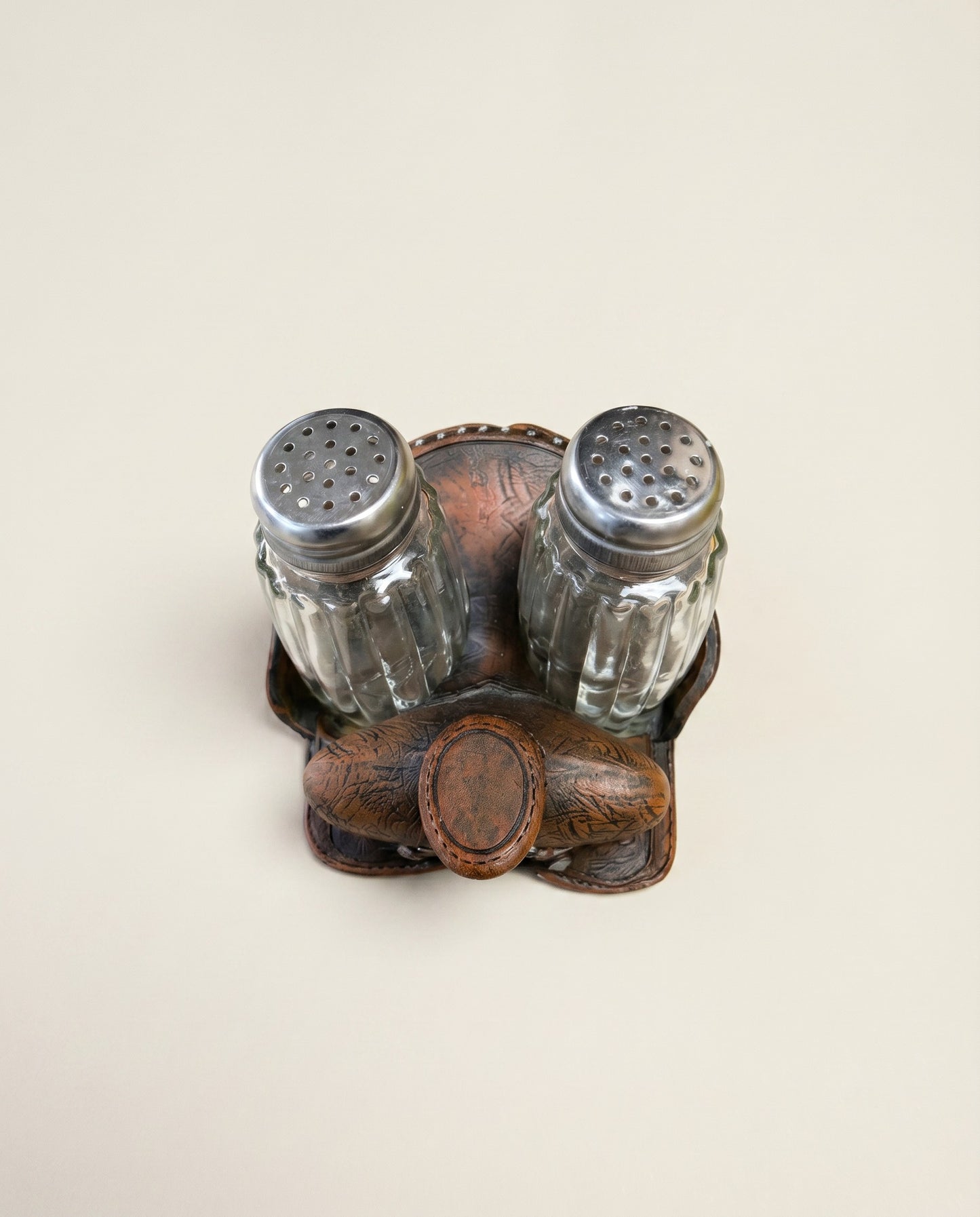 Vintage Western Saddle Salt & Pepper Shaker Set w/ Holder