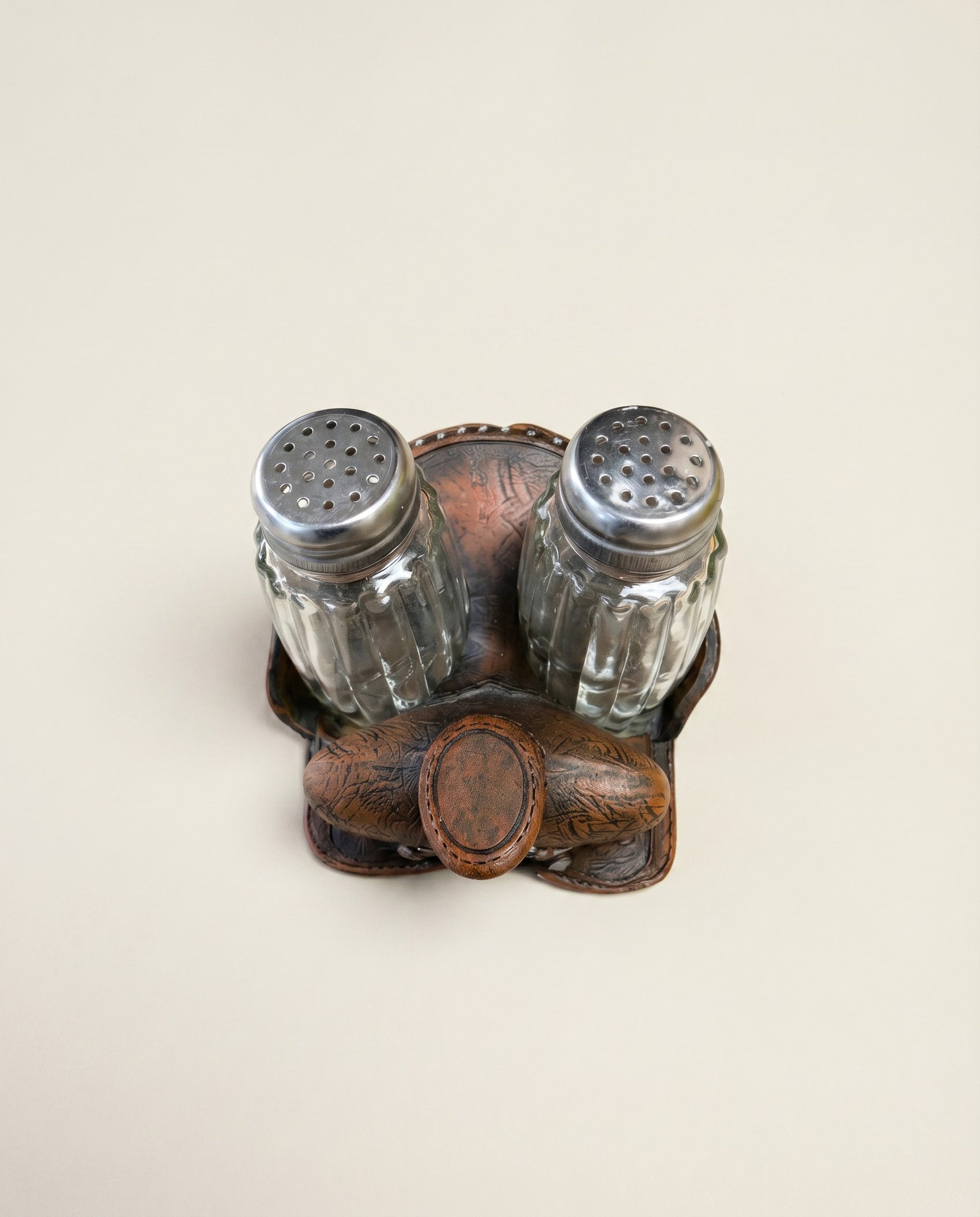 Vintage Western Saddle Salt & Pepper Shaker Set w/ Holder