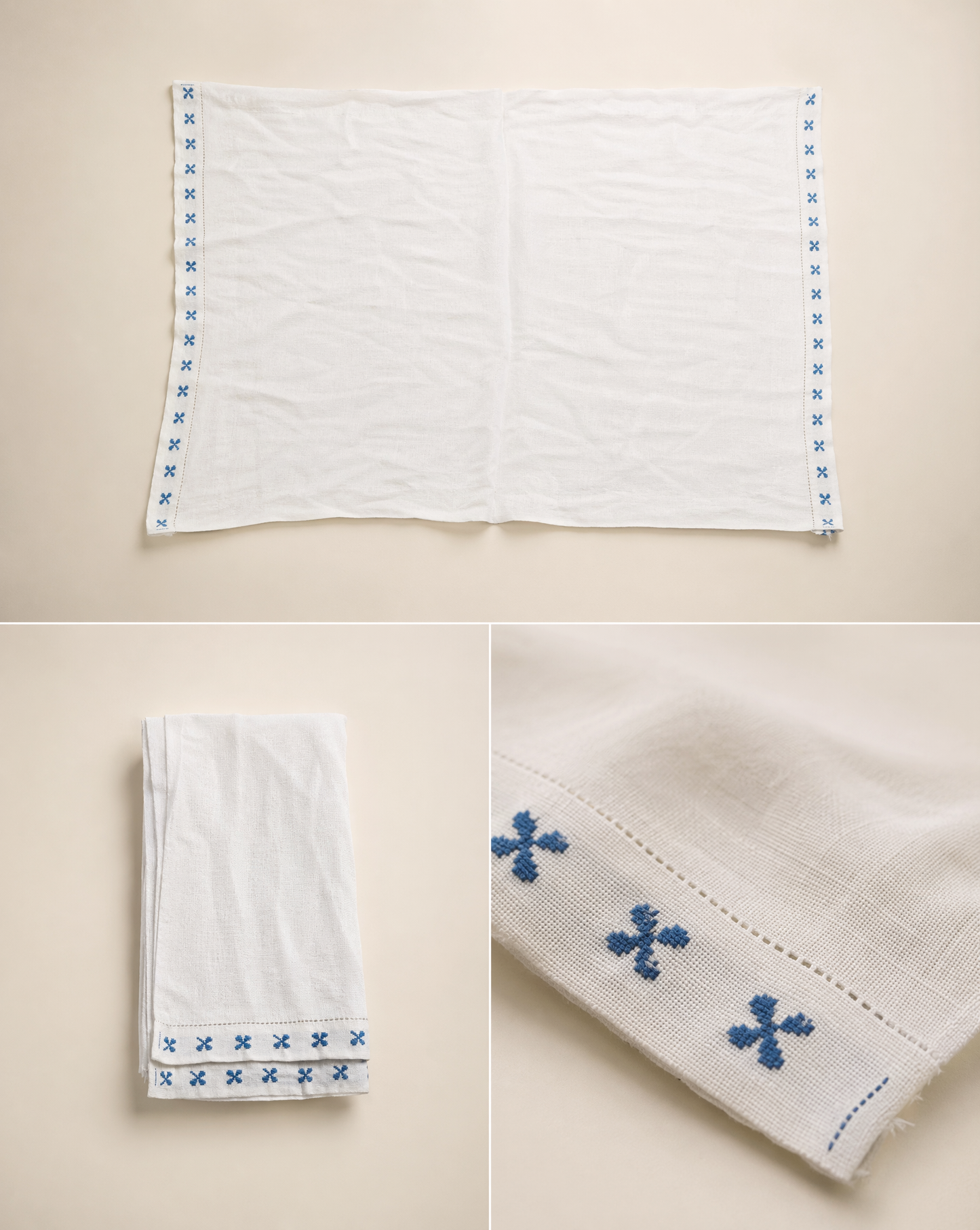 Vintage Linen Kitchen Towel with Blue Embroidered Trim
