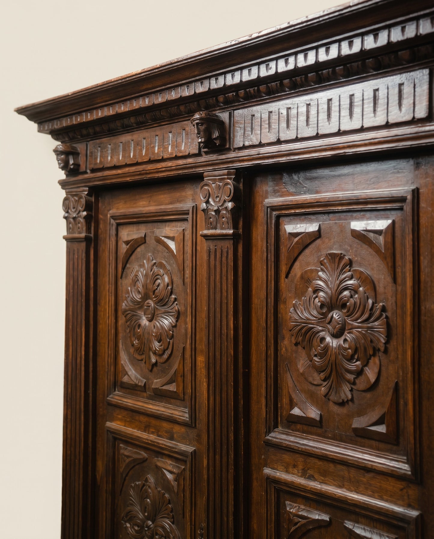 French Renaissance Revival Carved Walnut Armoire Cabinet