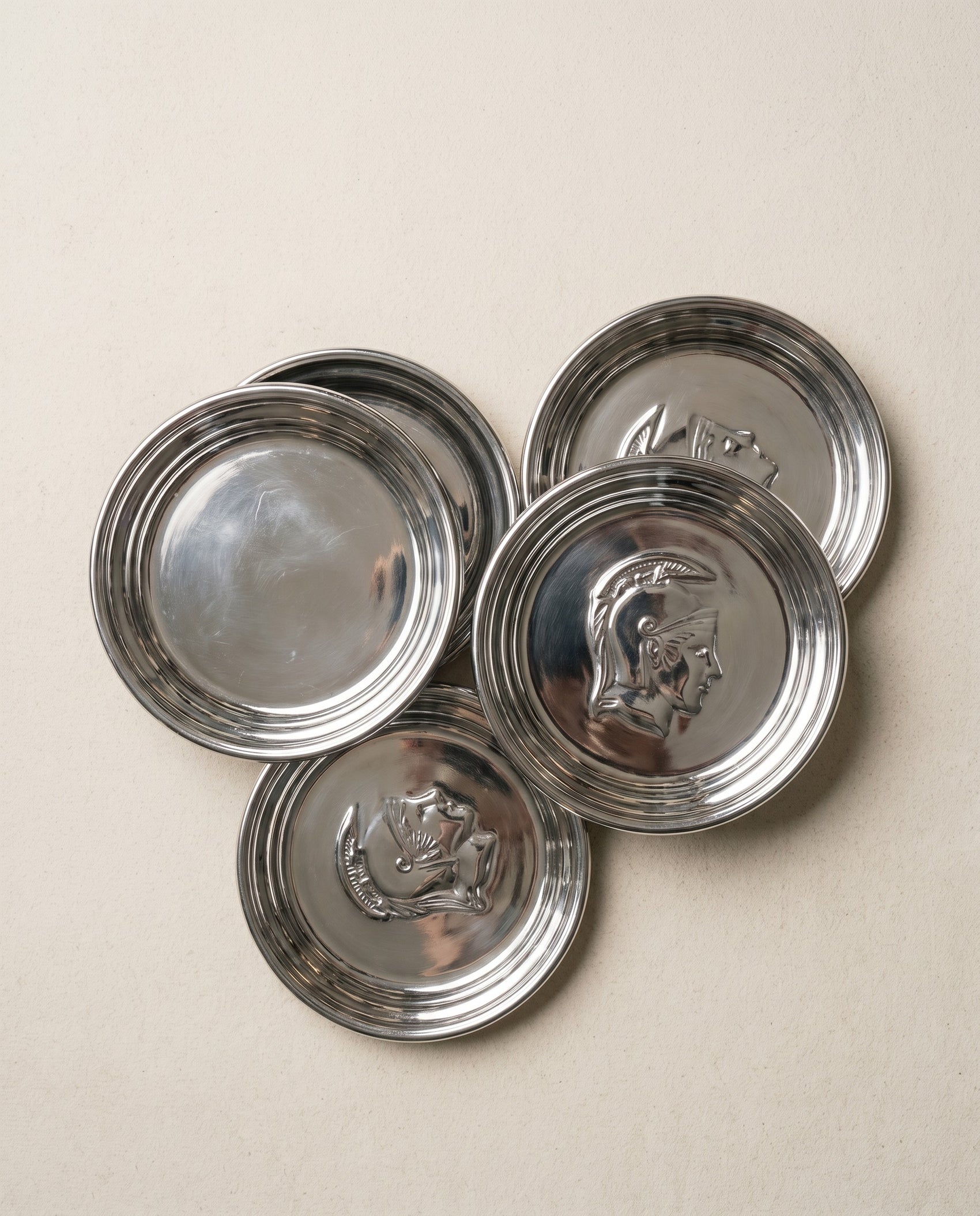 Vintage Chrome Coasters – Classical Gladiator Helmet Motif (Set of 6)
