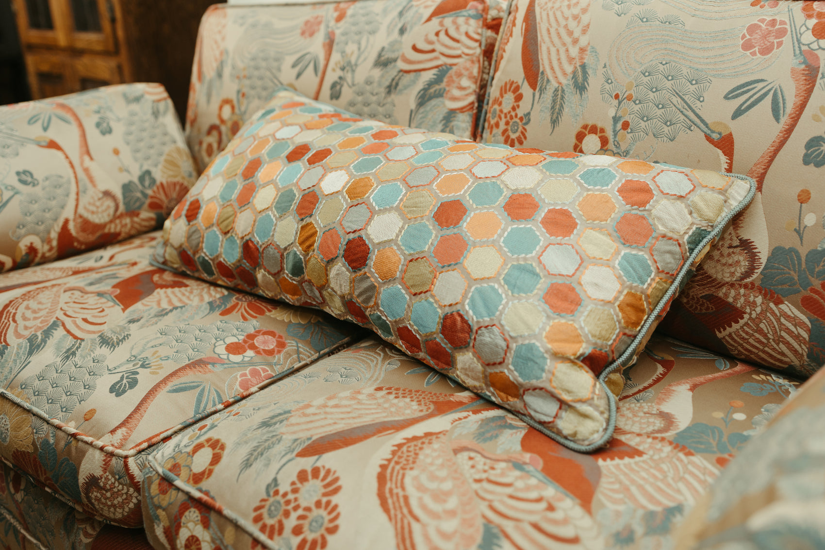 Vintage Upholstered Loveseat – Chinoiserie Crane & Floral Pattern