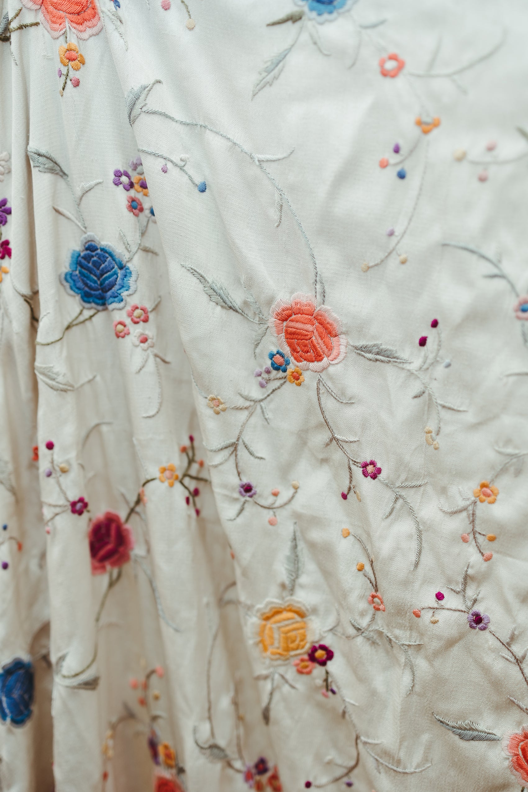 Vintage Embroidered Piano Shawl with Long Fringe