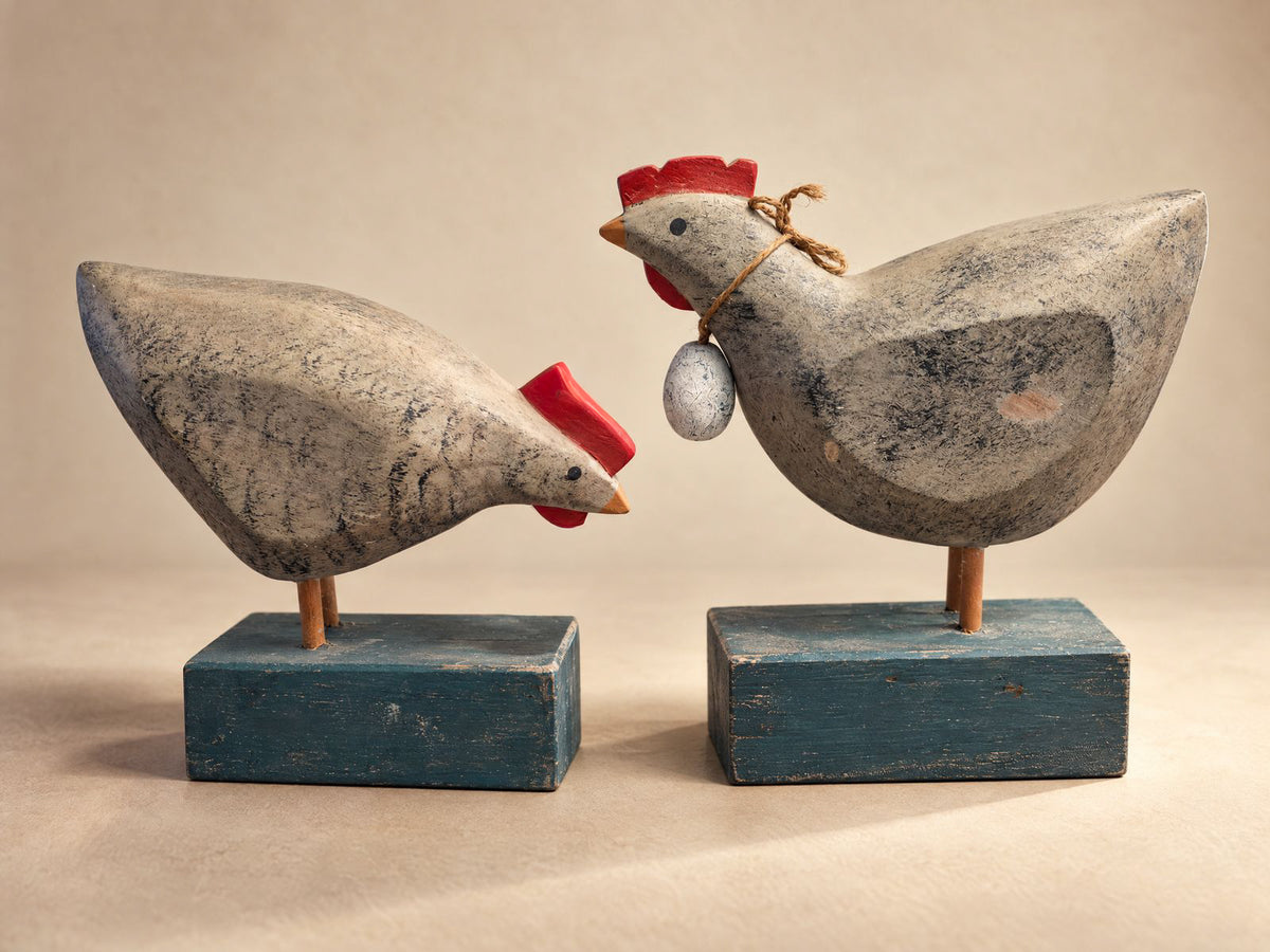 Pair of Rustic Wooden Hen Figures with Hanging Egg