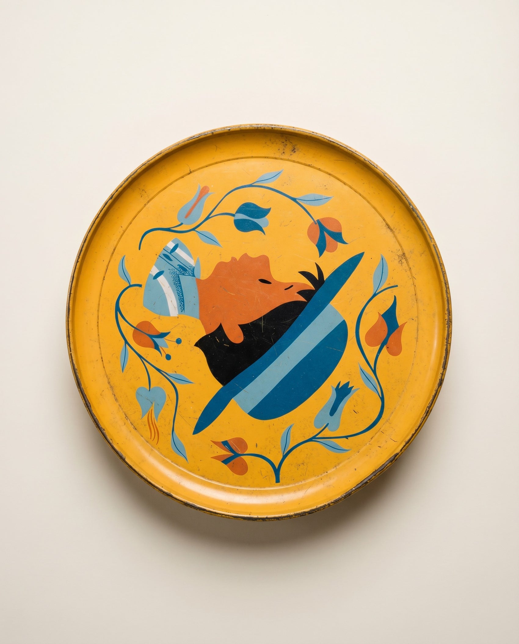 Vintage Folk Art Yellow Tin Container with Lid