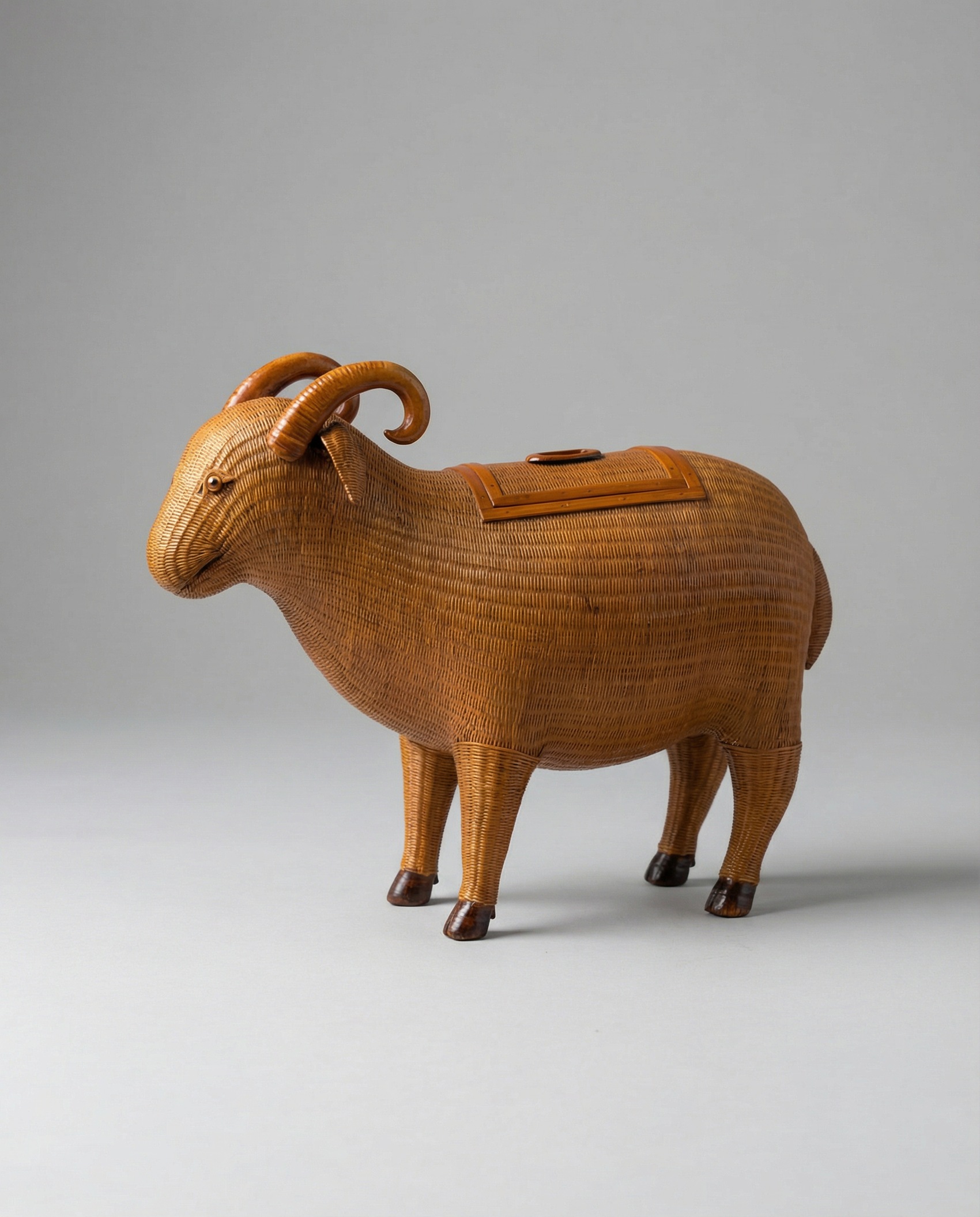 Vintage Woven Rattan Sheep Storage Figure