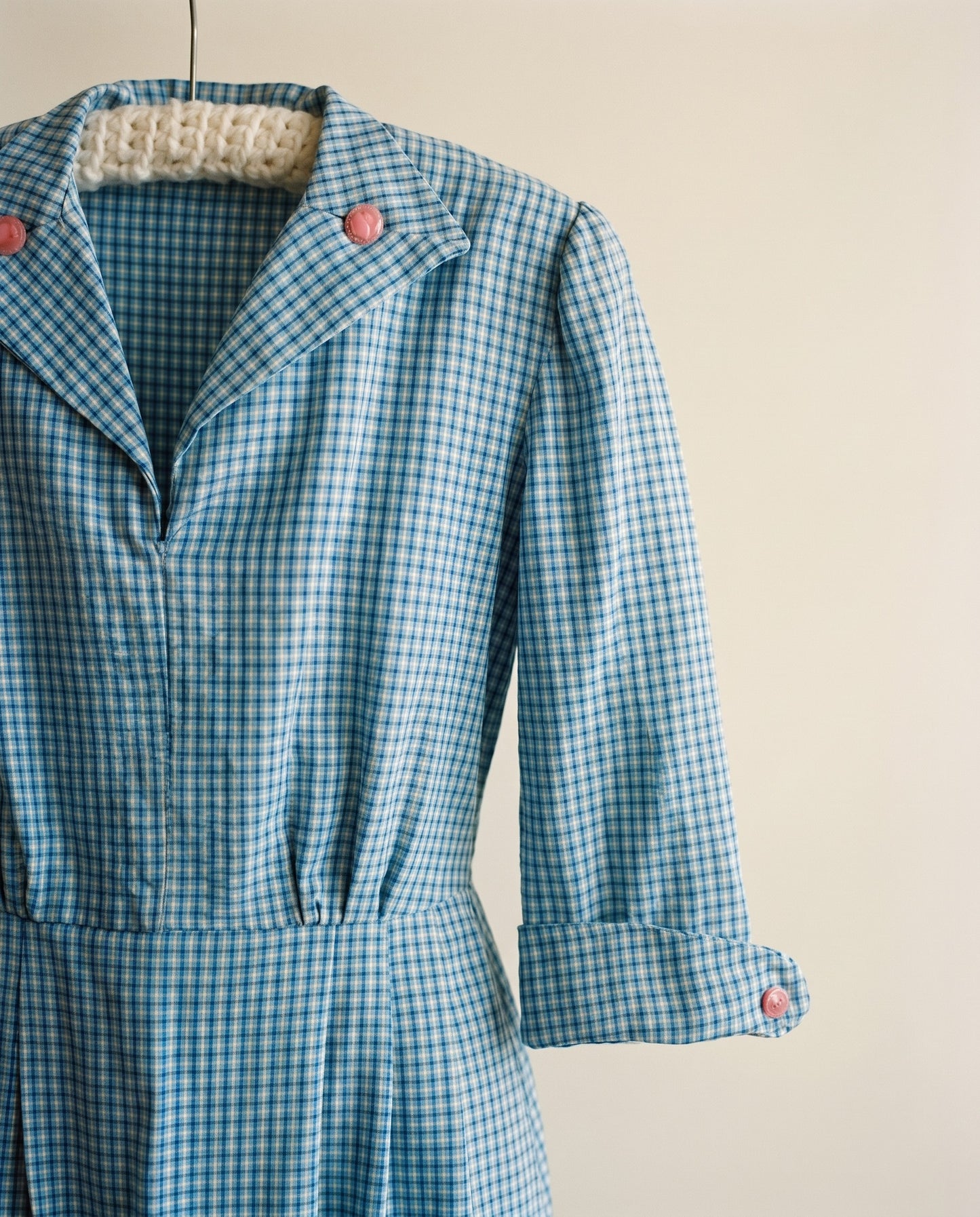 Vintage Blue Gingham Shirt Dress with Pink Button Details - M